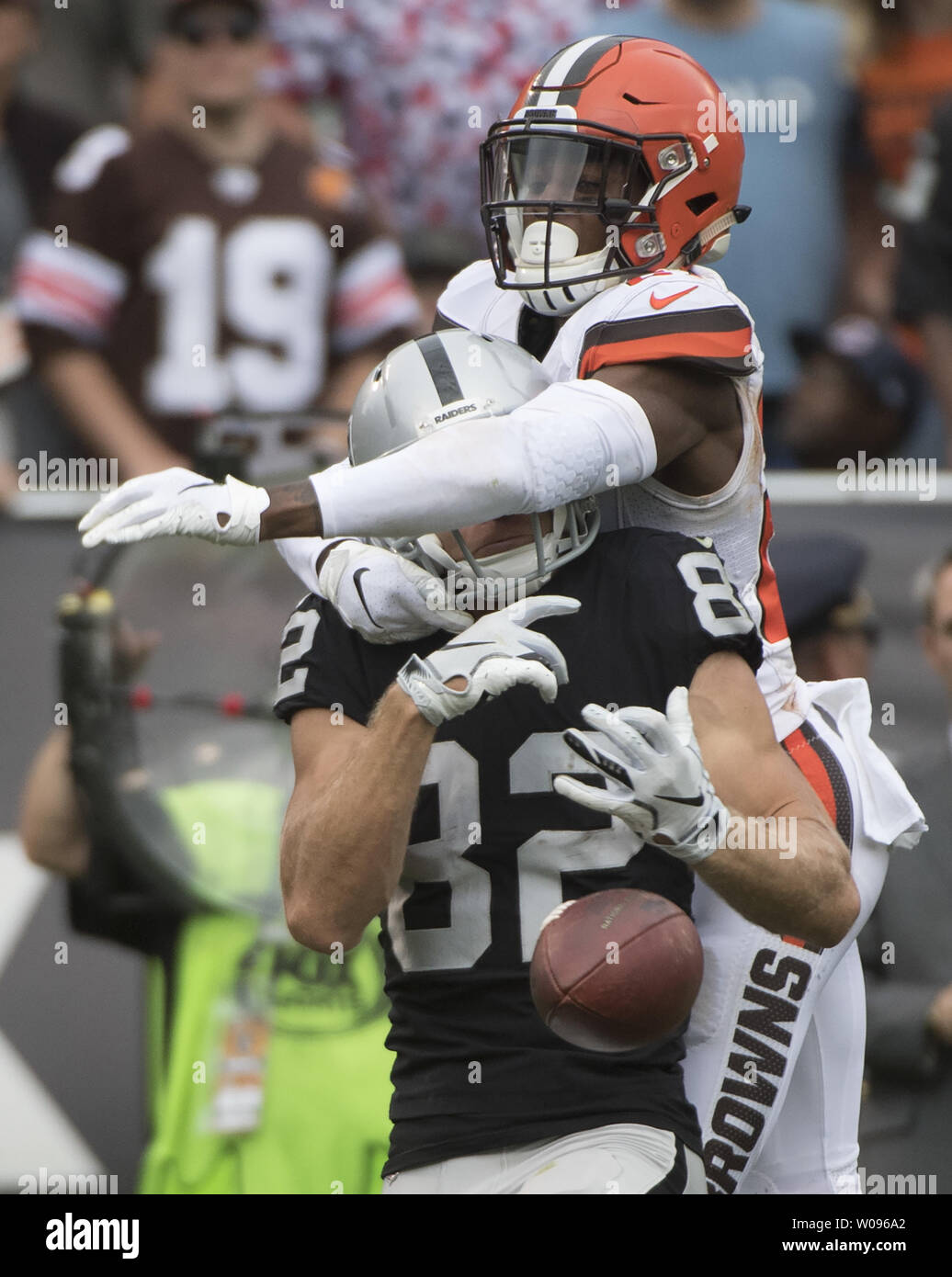 Cleveland Browns Denzel Ward breaks up a Derek Carr pass to Oakland Raiders Jordy Nelson (82)in the fourth quarter at the Coliseum in Oakland, California on September 30, 2018. The Raiders defeated the Browns 45-42 in overtime.     Photo by Terry Schmitt/UPI Stock Photo