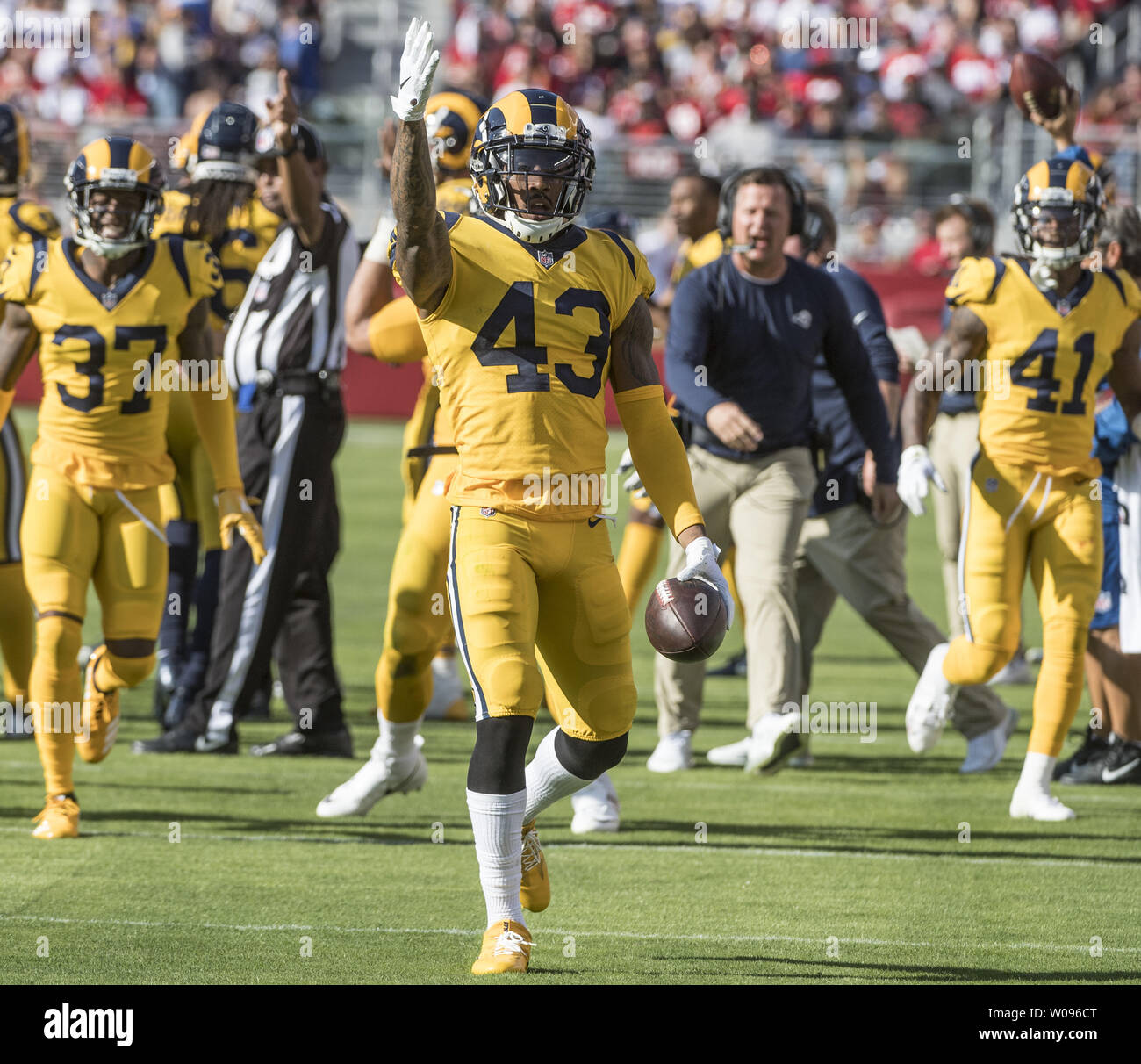 September 15, 2019 Los Angeles Rams strong safety John Johnson III #43 runs  onto the field before the NFL game between the Los Angeles Rams and the New  Orleans Saints at the