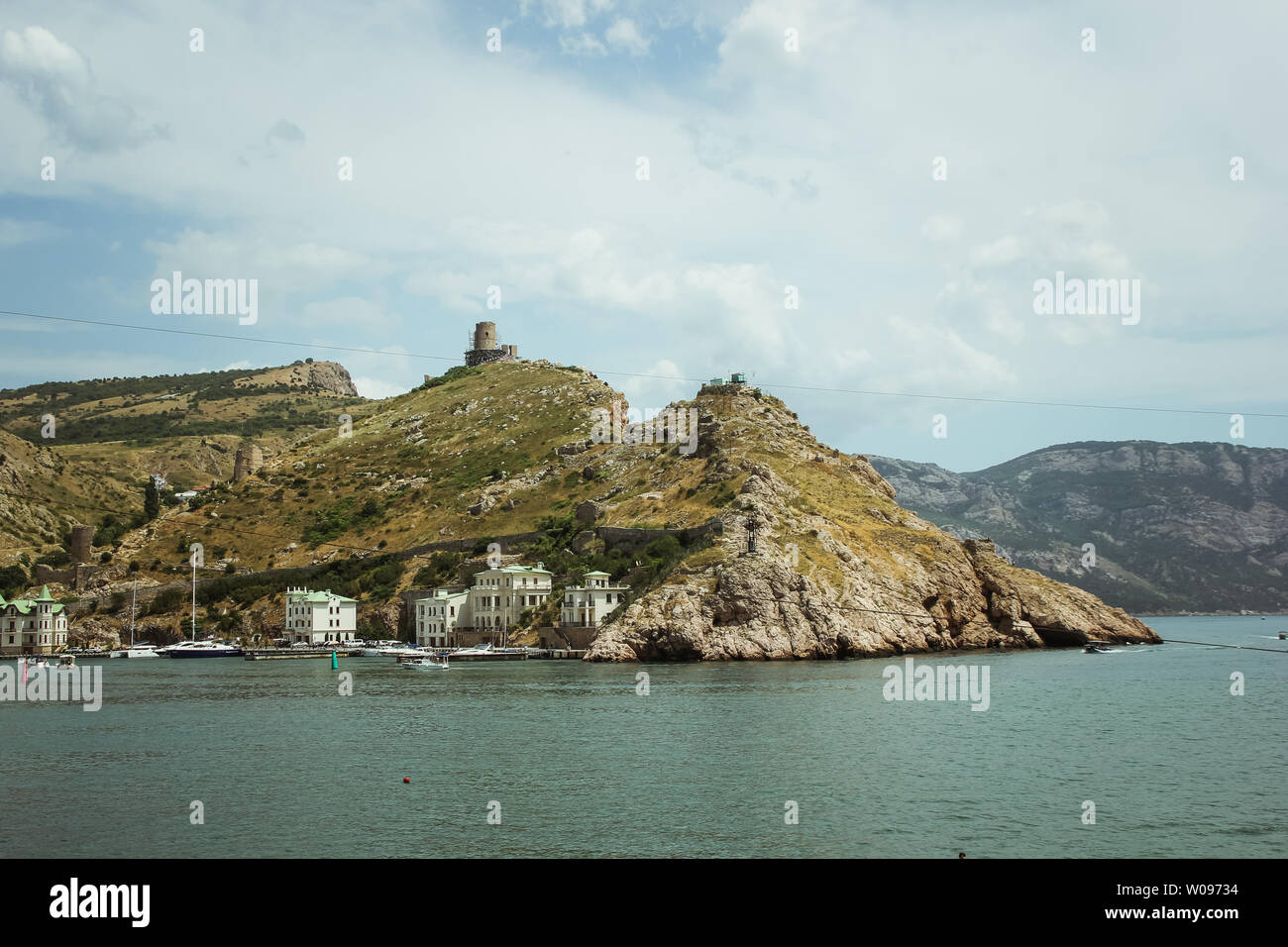 the Bay of Balaklava and the Ruins of Genoese fortress Cembalo. Balaklava, Crimea. beautiful seascape Stock Photo
