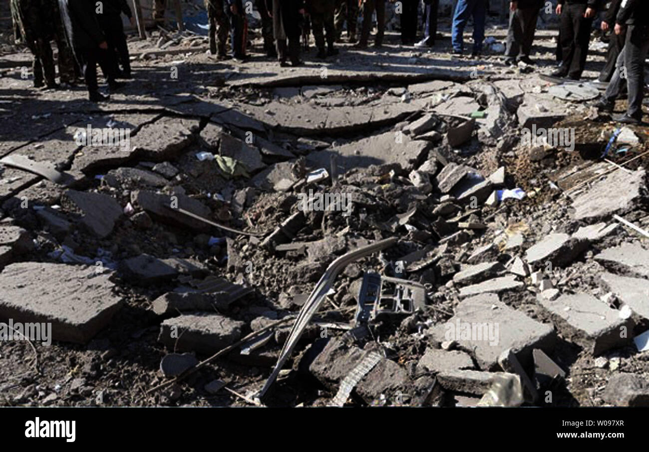 A  photograph released by the Syrian Arab News Agency (SANA), shows damage at the site of bomb blast in Damascus, Syria on March 17, 2012. Syrian health ministry officials said that at least 27 people were killed and 97 injured in twin explosions that hit the Syrian capital Damascus. One explosion occurred near the Syrian Air Force intelligence headquarters, Syrian television said.    UPI Stock Photo