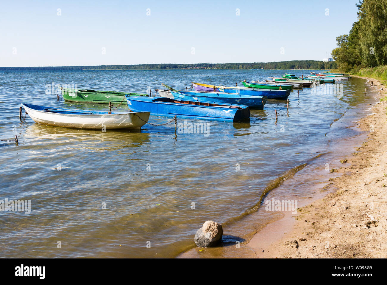Naroch, Belarus - August 23, 2018: Colorful boats in summer, Naroch- largest lake in Belarus Stock Photo