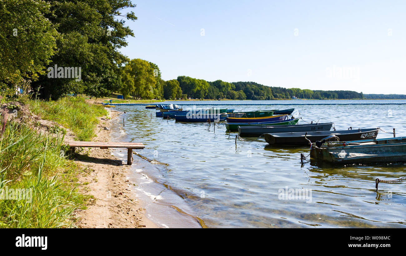 Naroch, Belarus - August 23, 2018: Colorful boats in summer, Naroch- largest lake in Belarus Stock Photo