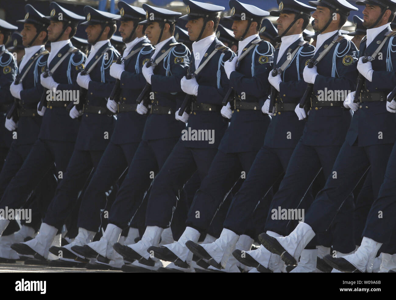 Iranian Army soldiers march during the National Army Day military parade in front of the mausoleum of the Iran's late leader Ayatollah Khomeini in Tehran, Iran on April 18, 2011. The Iranian President Mahmoud Ahmadinejad used the occasion to accuse the United States for sowing discord in the Middle East.    UPI/Maryam Rahmanian Stock Photo