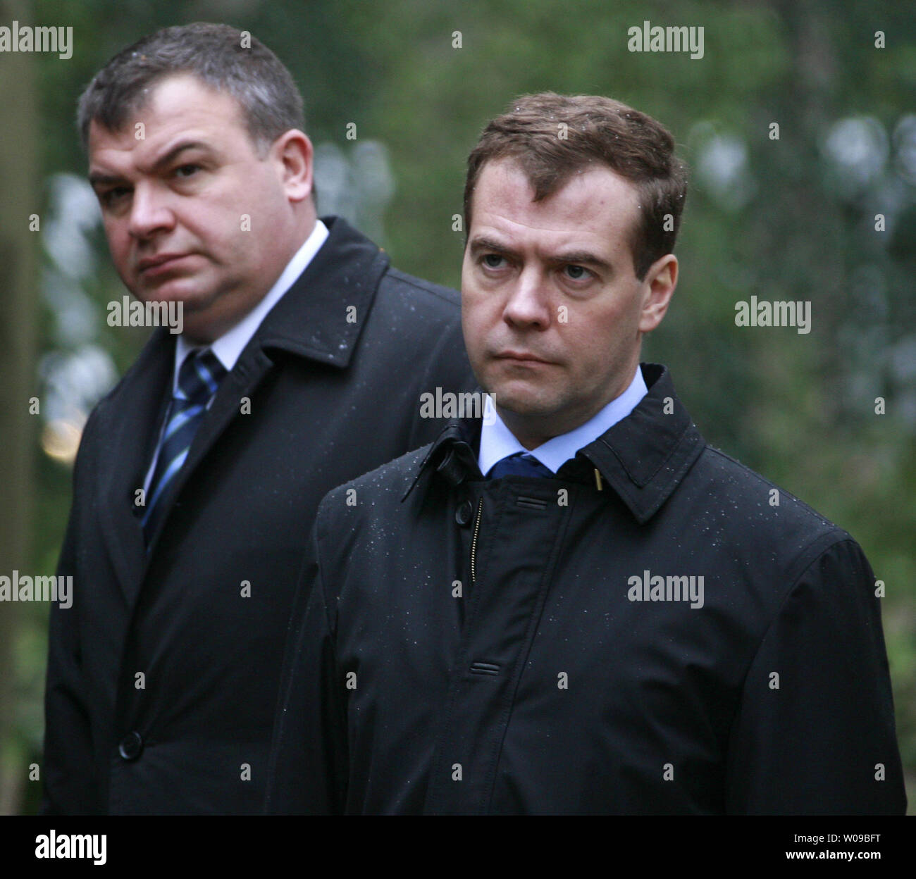 Russian President Dmitry Medvedev (R) with Defense Minister Anatoly Serdyukov  inspects a missile base in Teikovo, 250 km (150 miles) northeast of Moscow on May 15, 2008. Medvedev promised on Thursday to provide the necessary funding for Russian nuclear forces to counter global threats. (UPI Photo/Anatoli Zhdanov) Stock Photo