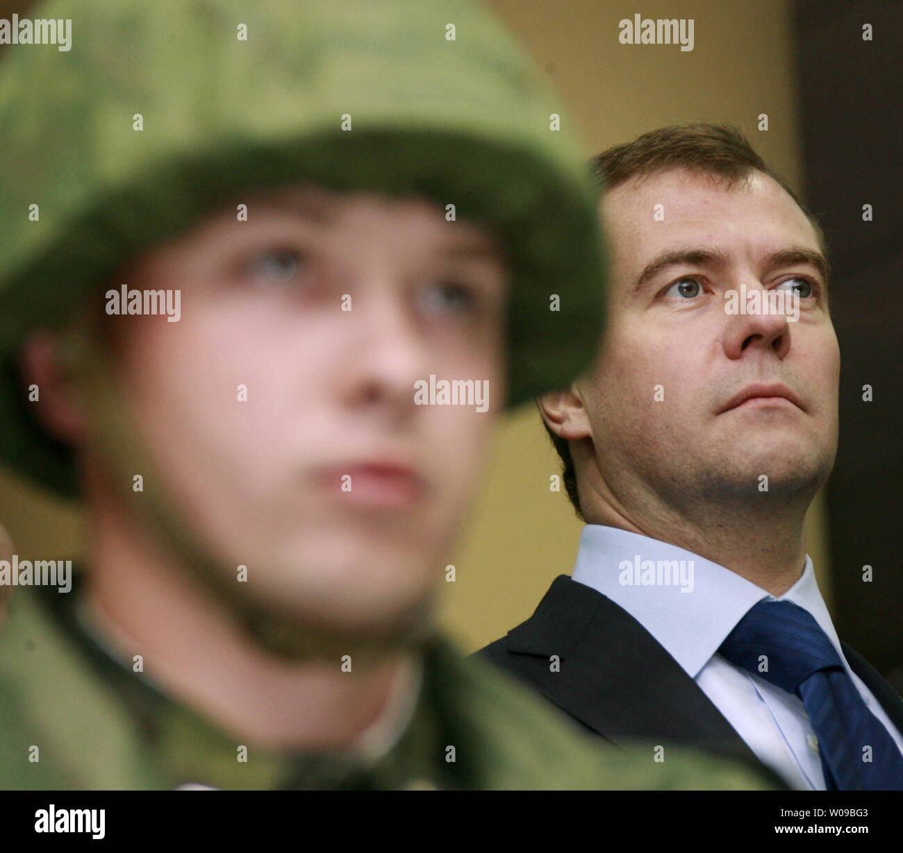 Russian President Dmitry Medvedev (R) visits a military academy in Kostroma, some 300 km (188 miles) northeast of Moscow, on May 15, 2008. Medvedev promised on Thursday to provide the necessary funding for Russian nuclear forces to counter global threats. (UPI Photo/Anatoli Zhdanov) Stock Photo