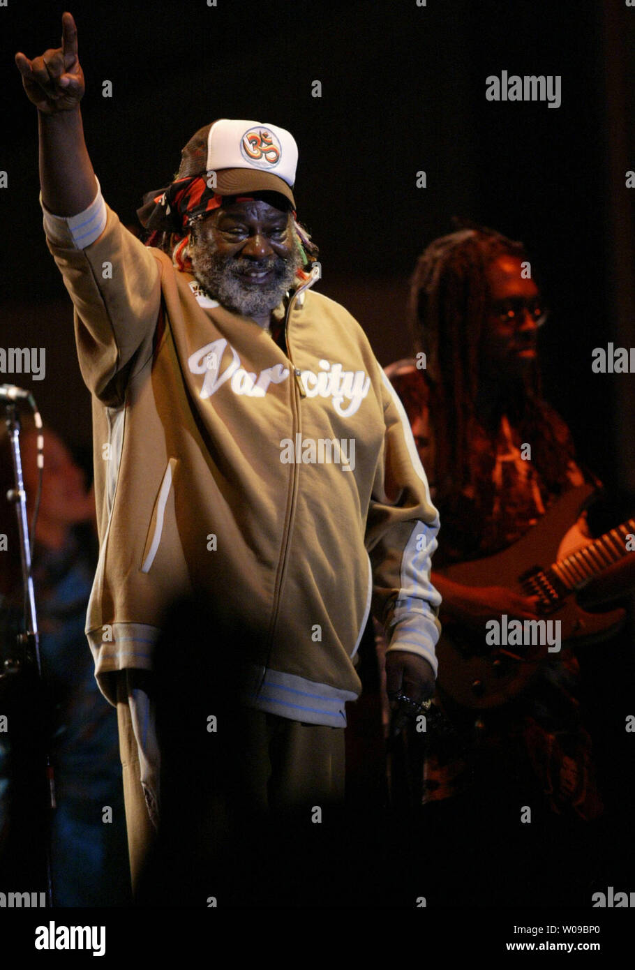 George Clinton motioned to the crowd during a performance with Parliament/Funkadelic during the first day of the Beale Street Music Festival on Friday, April 30, 2004 at Tom Lee Park in Memphis, Tenn. (UPI Photo/Billy Suratt) Stock Photo