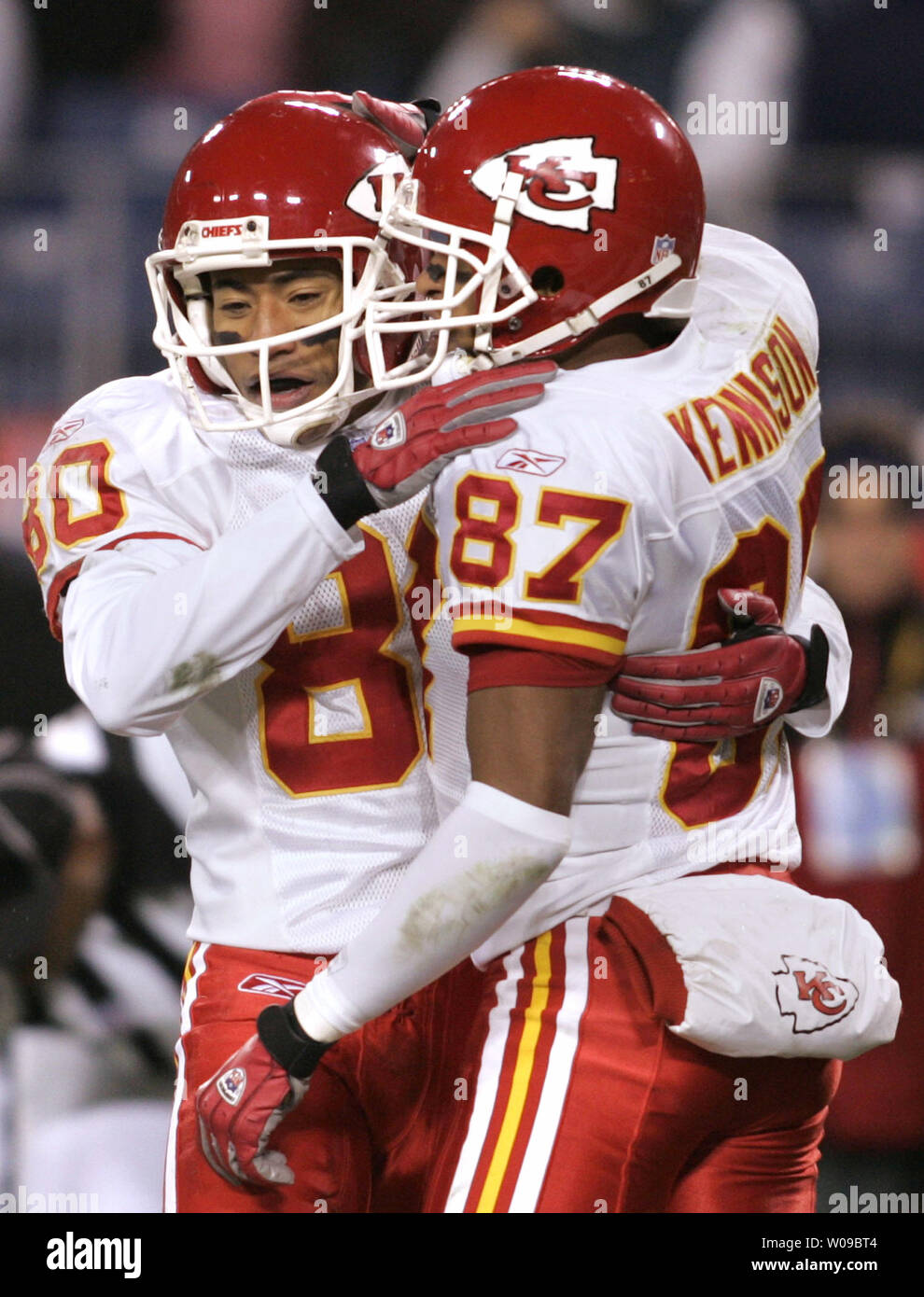 Kansas City Chiefs wide receiver Johnny Morton (80) celebrates a touchdown  in the fourth quarter with teammate wide receiver Eddie Kennison (87)  during NFL Monday Night Football on Dec. 13, 2004 at