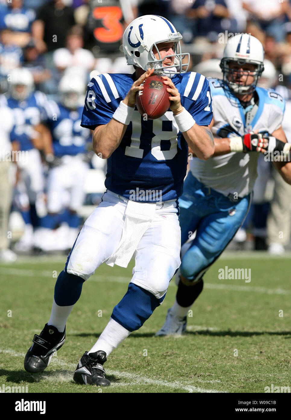 Indianapolis Colts quarterback Peyton Manning drops back in the