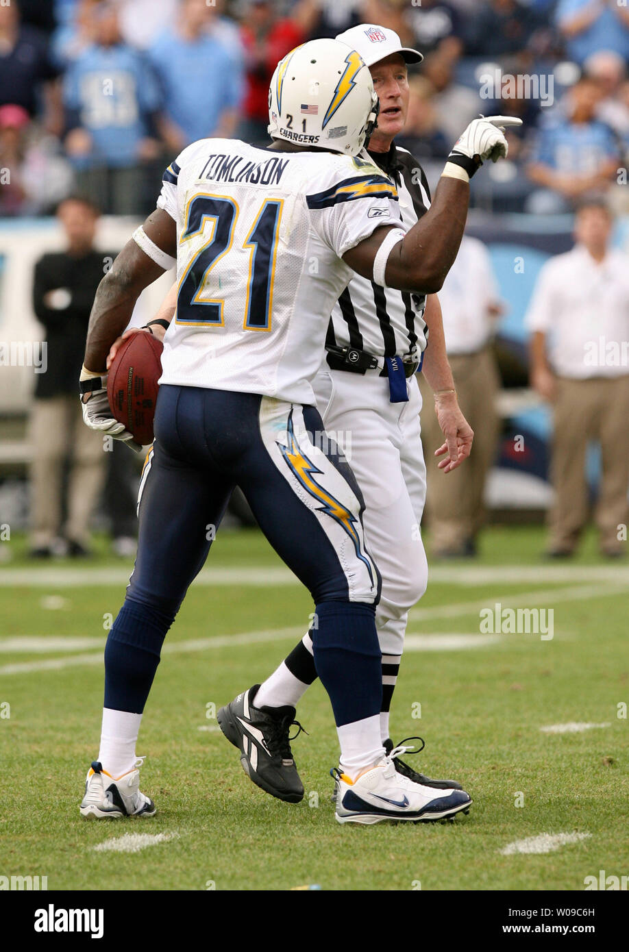 San Diego Chargers running-back Ladainian Tomlinson (21) argues with rear  judge Phil Lucket in a game against the Tennessee Titans at LP Field in  Nashville, Tennessee on December 9, 2007. The Chargers