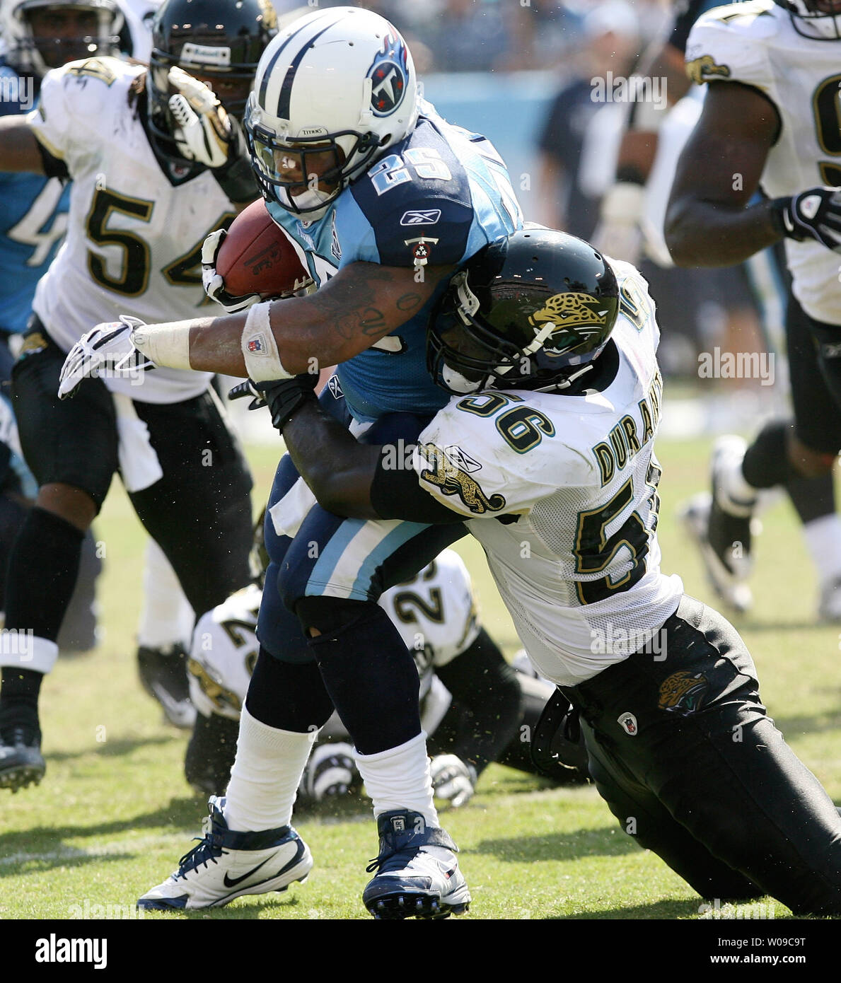 27 September 2009: Tennessee Titans #25 running back LenDale White  antagonizes the crowd. The New York Jets defeated the Tennessee Titans  24-17 at Giants Stadium in Rutherford, New Jersey. In honor of