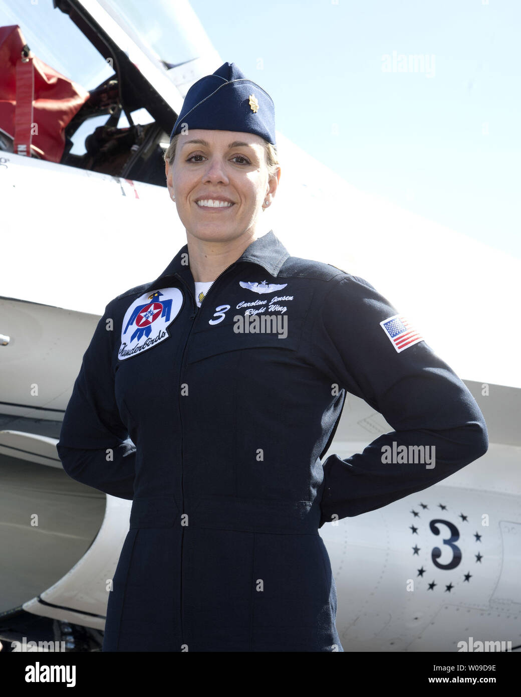 The United States Air Force Thunderbirds Flight Crew member, Caroline Jensen, arrived at the Patrick Air Force Base, Florida on March 21, 2013. Ms. Jensen, flies aircraft #3 as 'Right Wing' with the aerial demonstration team which is scheduled to perform at the Tico Warbird Air Show at the Space Coast Regional Airport in Titusville throughout the weekend. In response to sequestration actions by the US Government, the Air Force and Air Combat Command officials have decided to cancel all remaining aerial demonstration team Air Show activities as of April 1. The flight team will conduct their fin Stock Photo