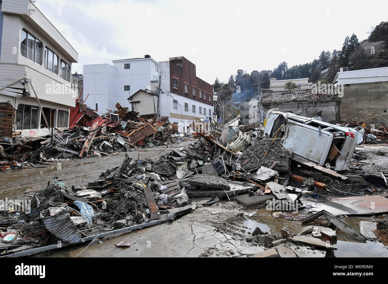 The destruction is seen in Kesennuma, Miyagi prefecture, Japan, on March 16, 2011. More than 10,000 people are believed to have been killed by a massive earthquake and resulting tsunami.     UPI/Keizo Mori Stock Photo