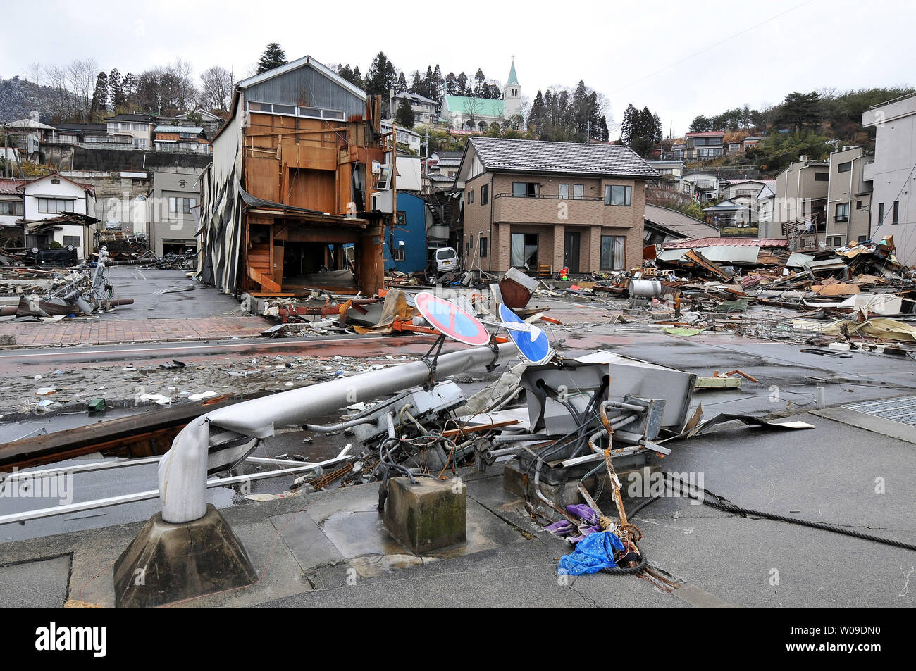 The destruction is seen in Kesennuma, Miyagi prefecture, Japan, on March 16, 2011. More than 10,000 people are believed to have been killed by a massive earthquake and resulting tsunami.     UPI/Keizo Mori Stock Photo