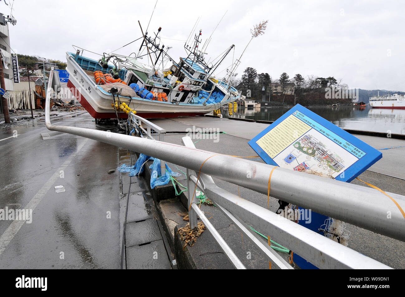 The destruction is seen in Kesennuma, Miyagi prefecture, Japan, on March 16, 2011. More than 10,000 people are believed to have been killed by a massive earthquake and resulting tsunami.     UPI/Keizo Mori Stock Photo