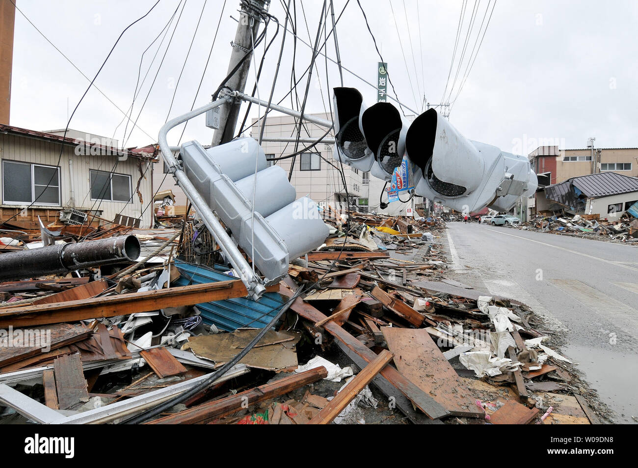 The destruction is seen in Kesennuma, Miyagi prefecture, Japan, on March 16, 2011. More than 10,000 people are believed to have been killed by a massive earthquake and resulting tsunami.     UPI/Keizo Mori Stock Photo