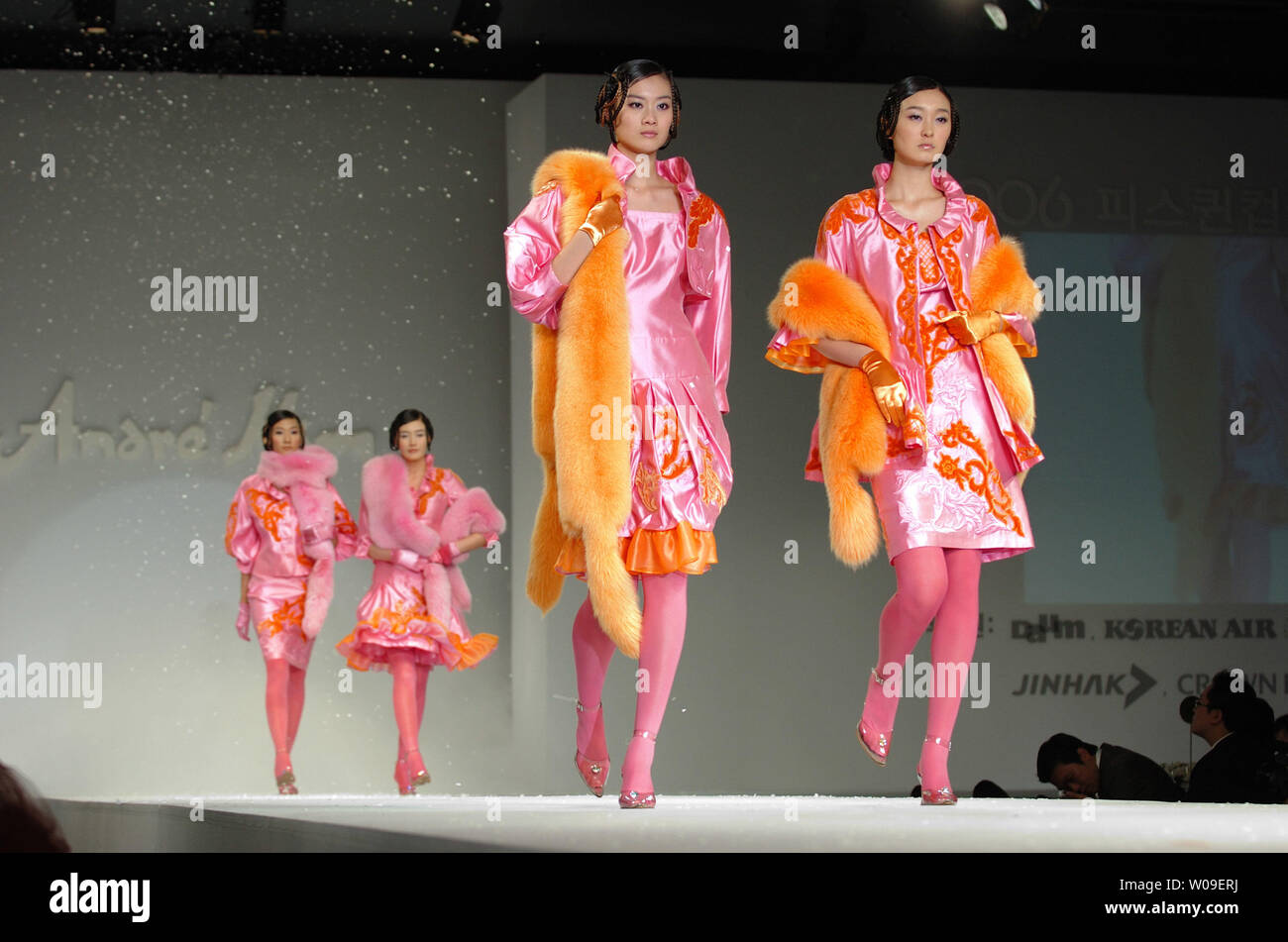 Models walk down the catwalk wearing a creation by Andre Kim during a fashion show as part of the opening ceremony of the 2006 Peace Queen Cup (soccer) in Seoul, South Korea on October 27 2006.    (UPI Photo/Keizo Mori) Stock Photo