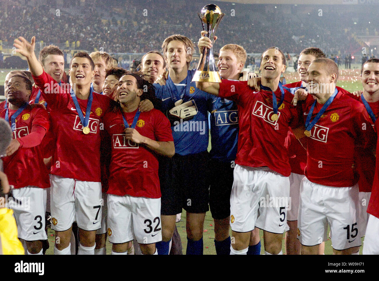 Members of England's Manchester United celebrate after