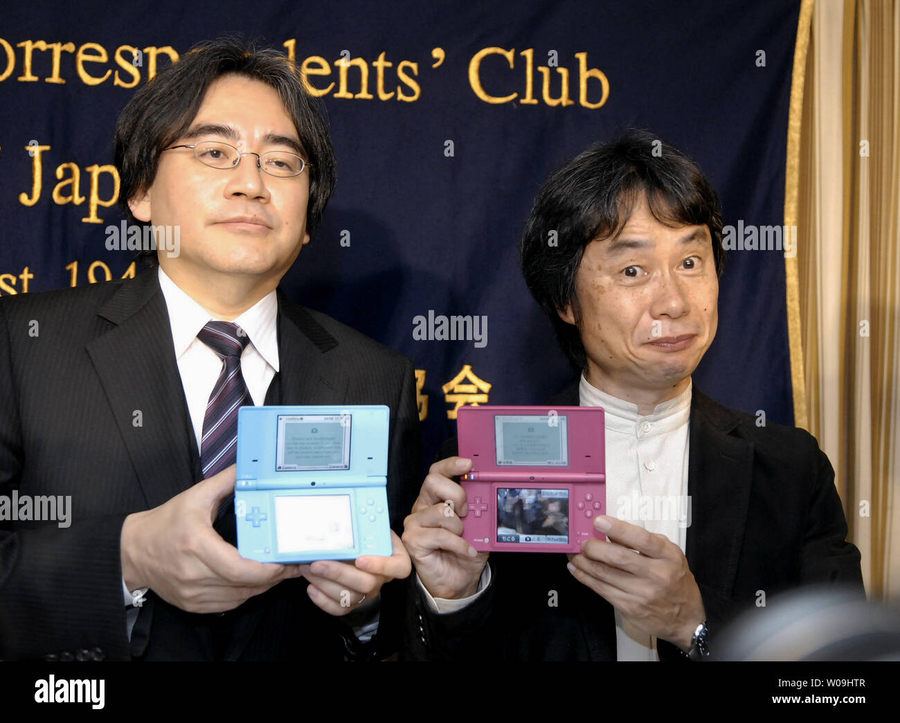 Satoru Iwata (L), President of Nintendo Co., Ltd. and Shigeru Miyamoto (R),  Senior Managing Director, Nintendo Co., Ltd. attend the press conference at  the foreign correspondent club of Japan in Tokyo, Japan