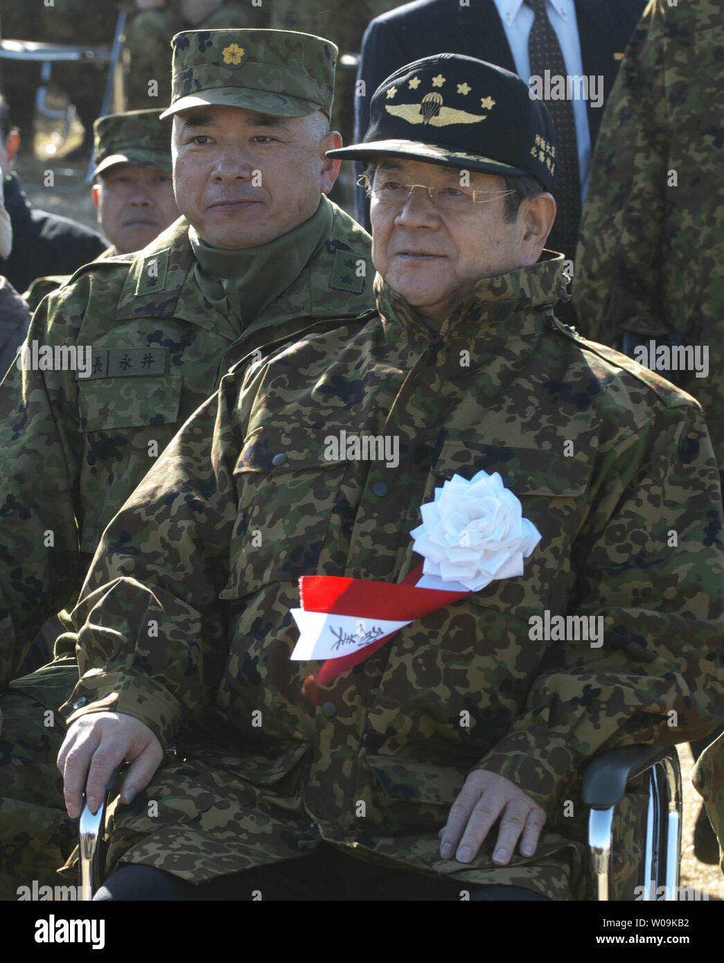 Japan's Defense Minister Toshimi Kitazawa inspects the new year drill of the 1st Airborne Brigade at the Narashino Training Field in Chiba prefecture, Japan, on January 10, 2010.     UPI/Keizo Mori Stock Photo