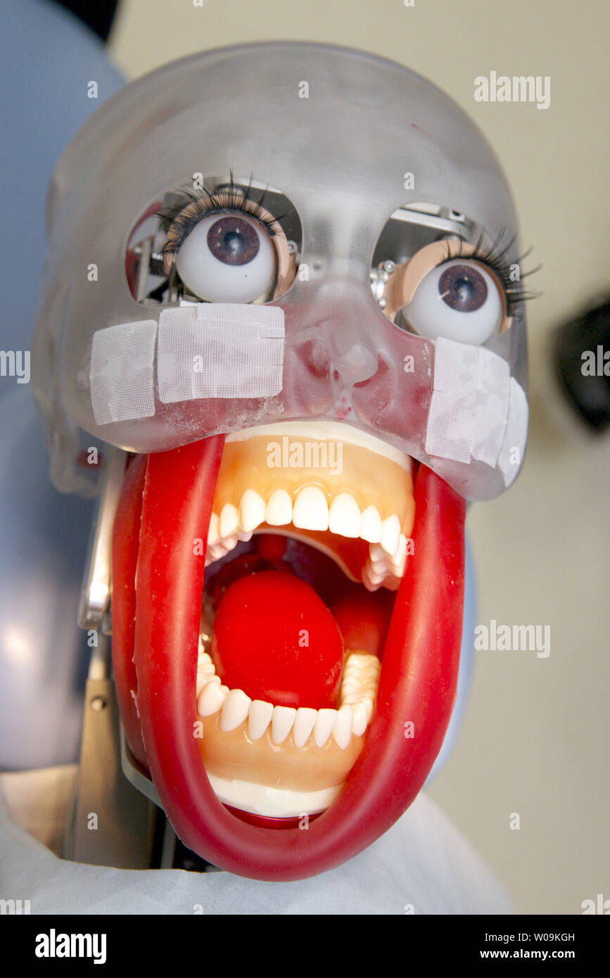 Dental patient robot "Hanako" is displayed during a press conference at