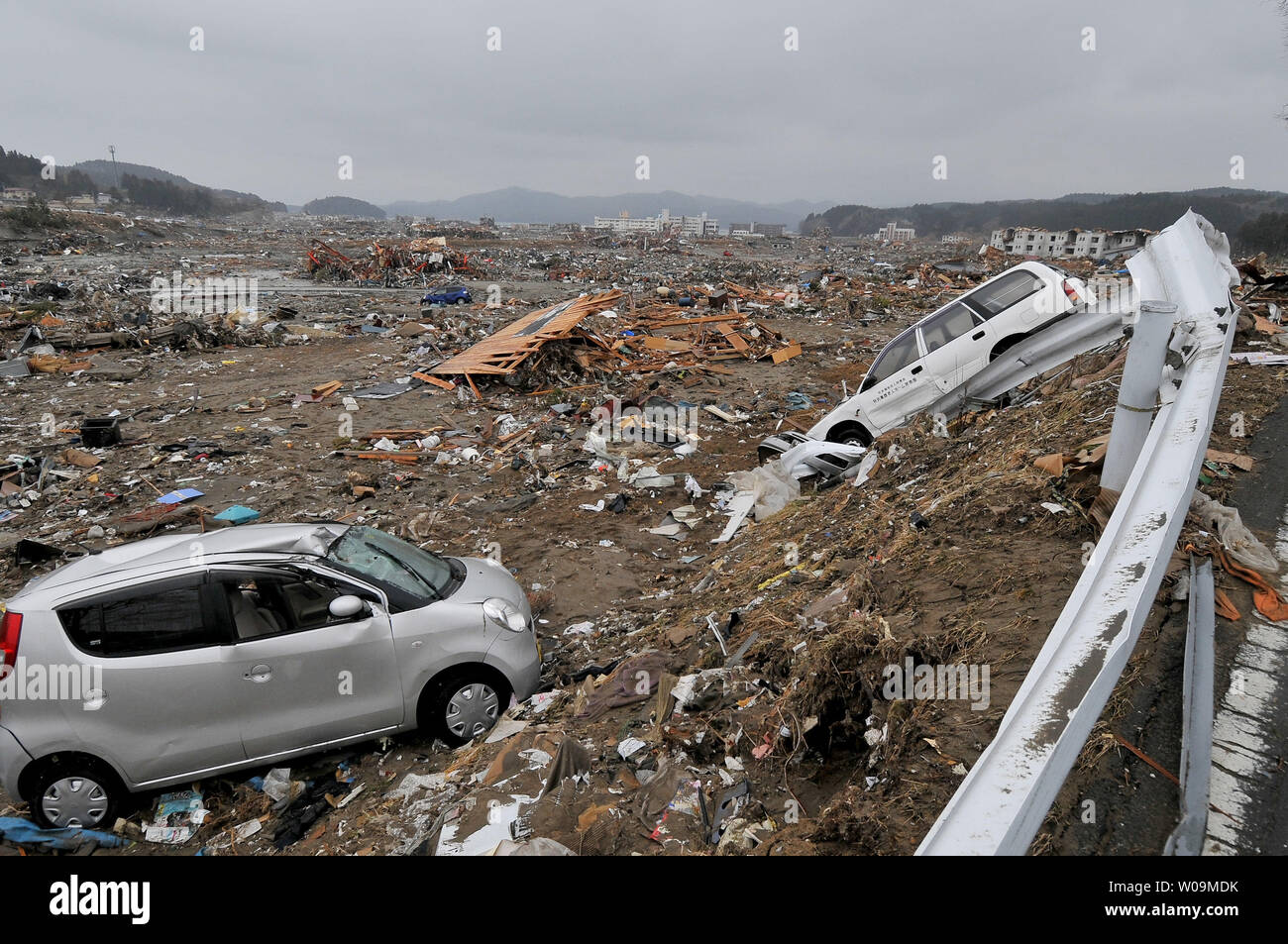 Destruction is seen in Sendai, Miyagi prefecture, Japan, on March 15, 2011.  More than 10,000 people are believed to have been killed by a massive earthquake and resulting tsunami.       UPI/Keizo Mori Stock Photo