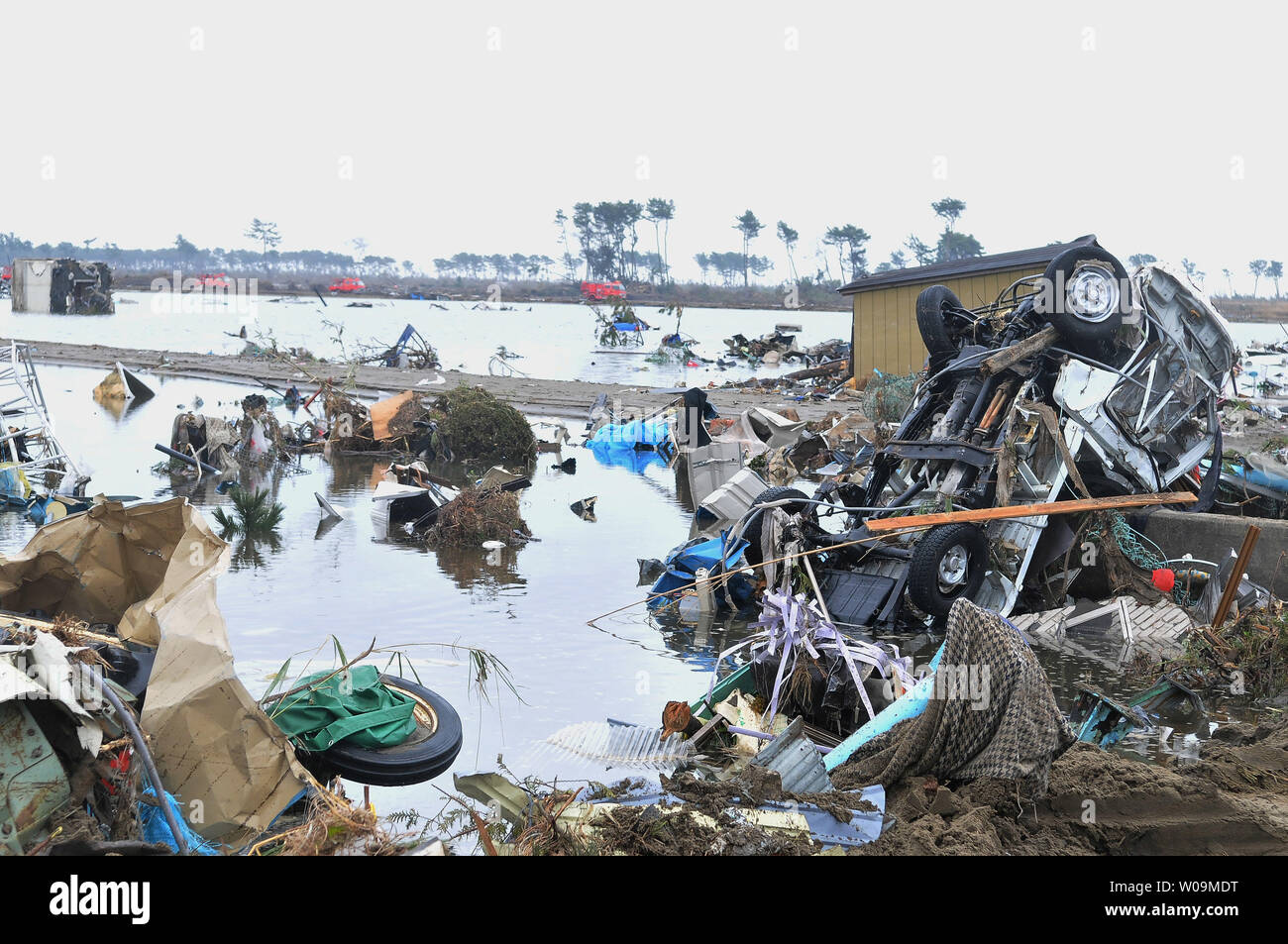 Destruction is seen in Sendai, Miyagi prefecture, Japan, on March 15, 2011.  More than 10,000 people are believed to have been killed by a massive earthquake and resulting tsunami.       UPI/Keizo Mori Stock Photo