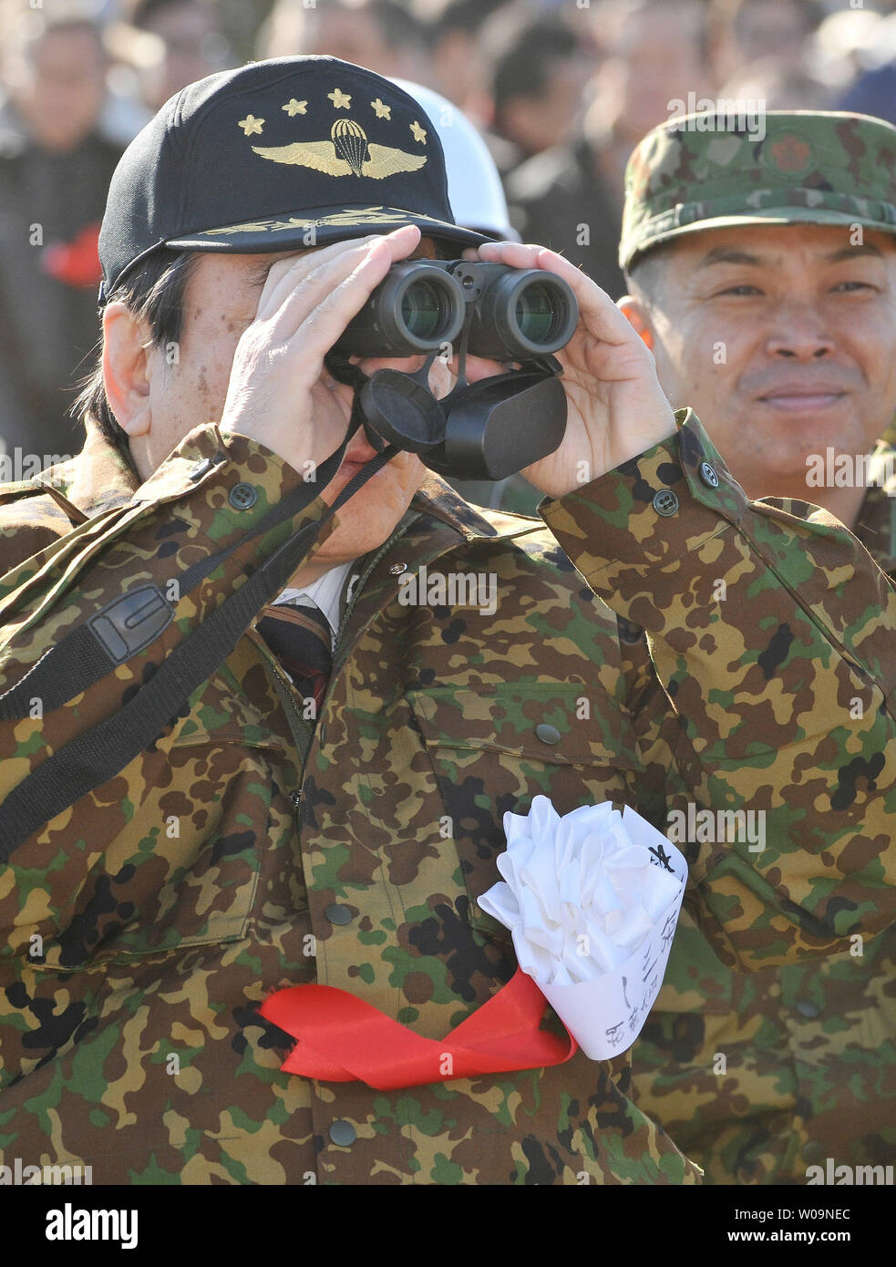 Japan's Minister of Defense, Yasuo Ichikawa attends the new year drill of the 1st Airborne Brigade at the Narashino Training Field in Chiba prefecture, Japan, on January 8, 2012.     UPI/Keizo Mori Stock Photo