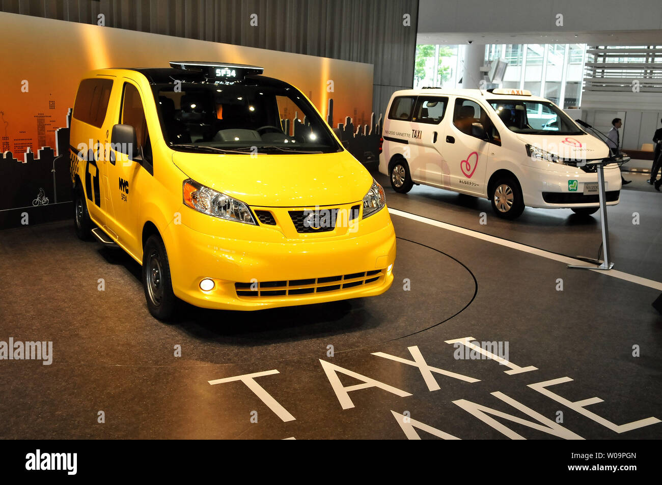 New York's taxi "NV200" is displayed during the press conference at  Nissan's global headquarters in Yokohama, Kanagawa prefecture, Japan, on  May 29, 2012. The NV200 was chosen by the New York City