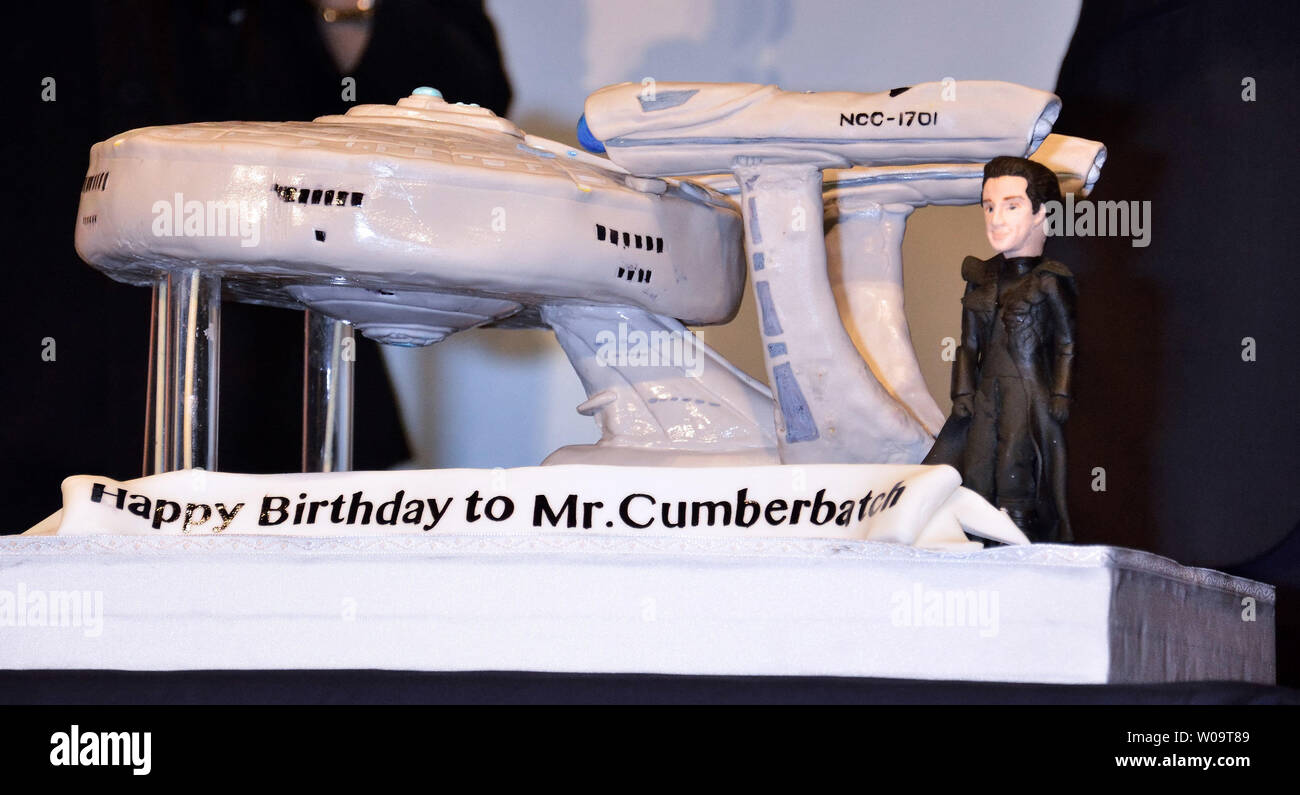 "USS Enterprise" Birthday cake presented to actor Benedict Cumberbatch during a stage greeting for the film "Star Trek Into Darkness" in Tokyo, Japan, on July 16, 2013.     UPI/Keizo Mori Stock Photo