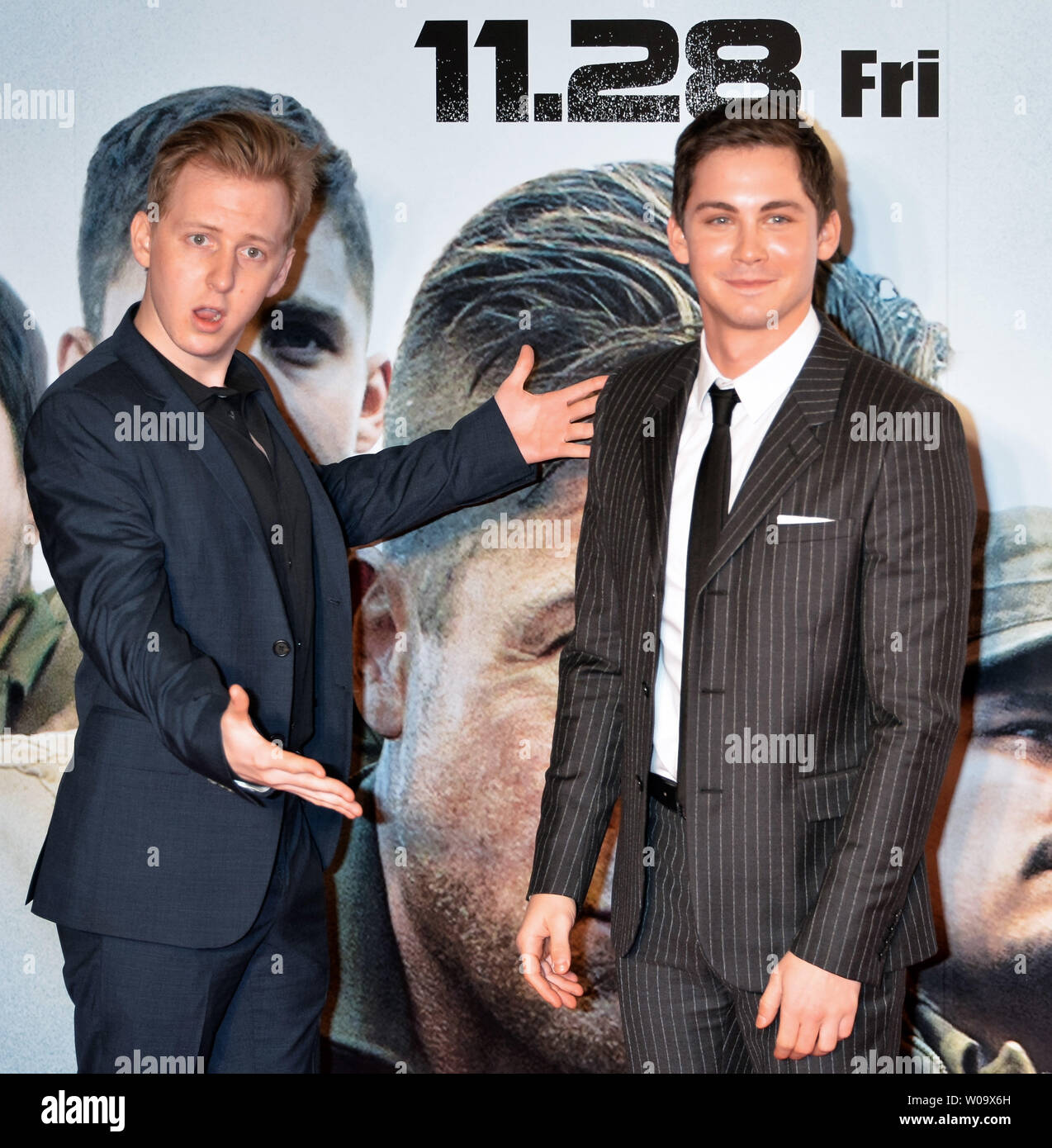 Actors Logan Lerman(R) and Dean Collins attend the Japan premiere for the  film "Fury" in Tokyo, Japan, on November 15, 2014. UPI/Keizo Mori Stock  Photo - Alamy