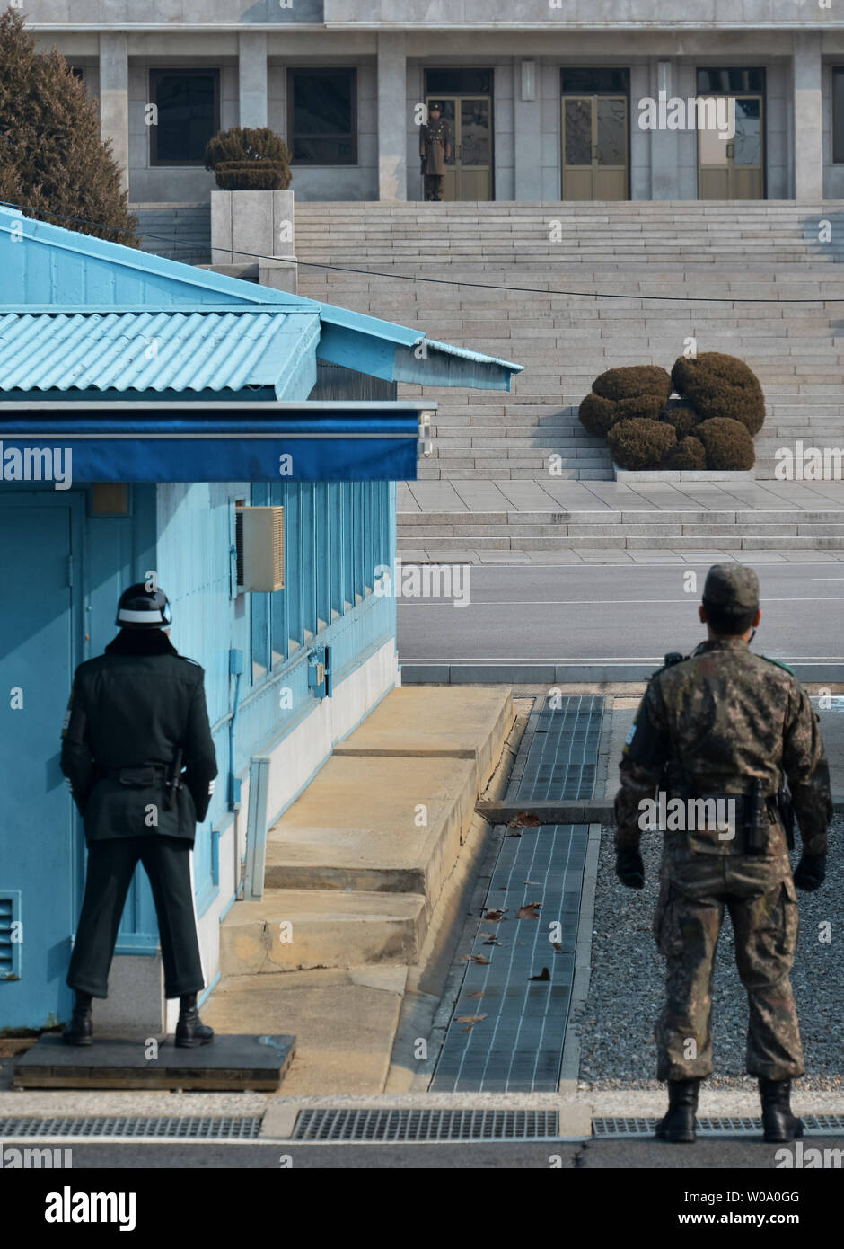 A South Korean soldier stands watching the North side at the joint security area (JSA) of