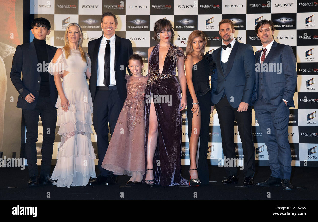 L-R)Korean actor Joon-Gi Lee, actress Ali Larter, Director Paul W.S.  Anderson, Ever Anderson, actress Milla Jovovich, Japanese model Rola, actor William  Levy and Eoin Macken attend the world premiere for the film "