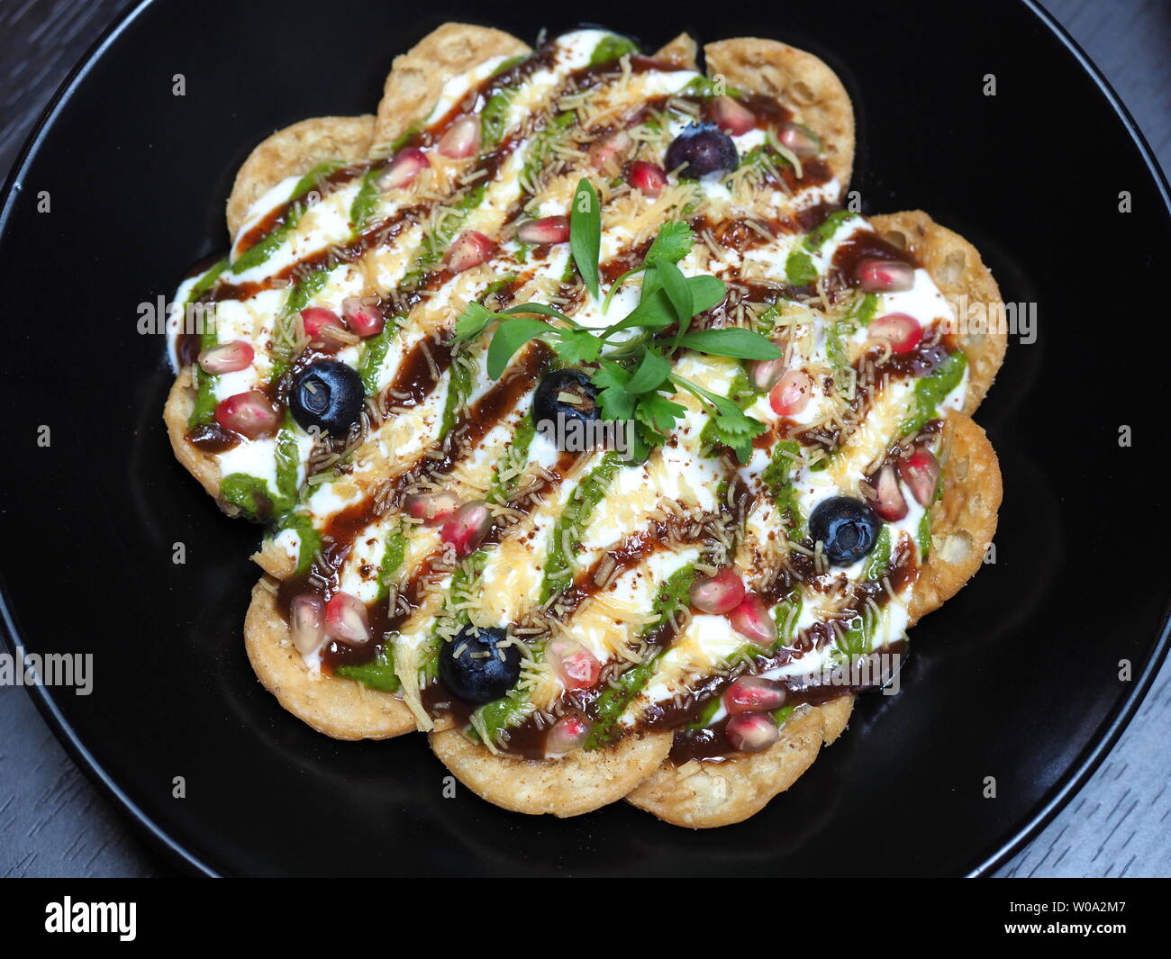 June 2019 - Top Down View Of A Plate Of Chaat From A Michelin Starred Indian Restaurant Stock Photo
