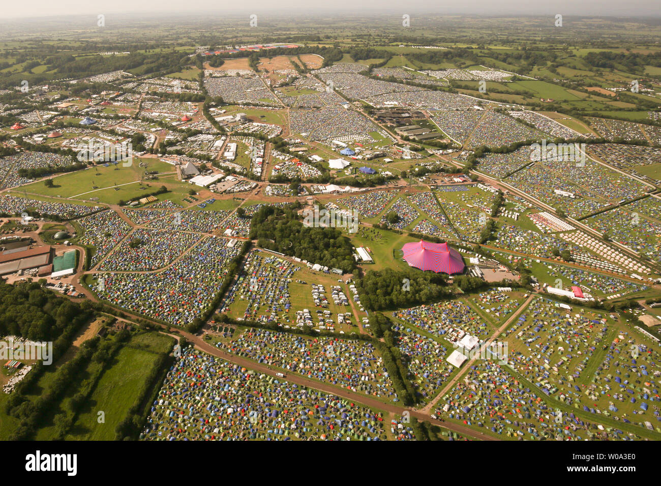 An aerial view of the Glastonbury Festival site at Worthy Farm in Somerset. Stock Photo