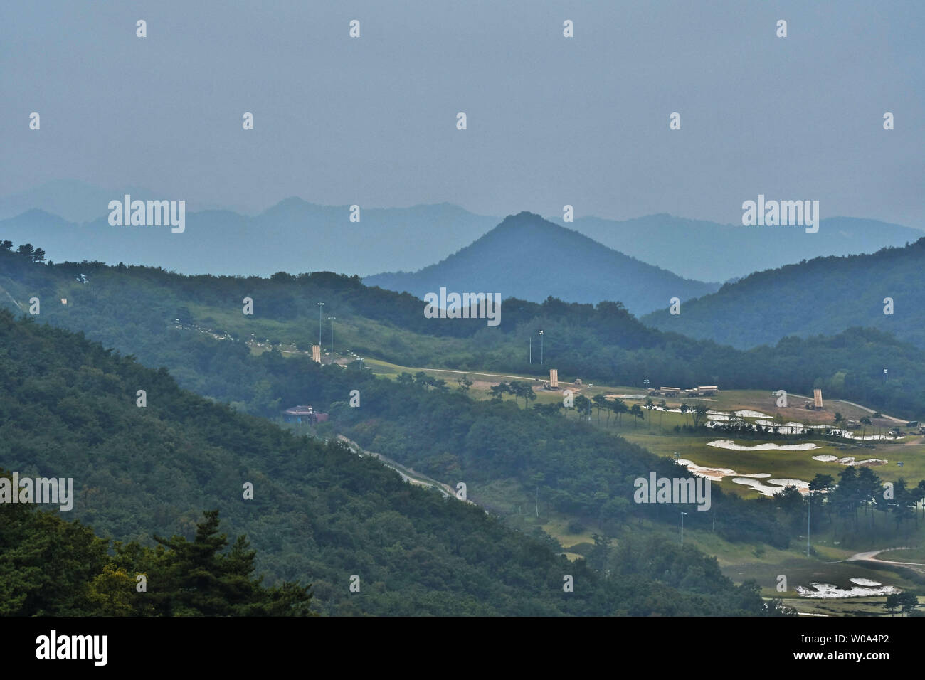 The U.S. anti-ballistic missile defense system THAAD (Terminal High Altitude Area Defense) is seen deployed at the Lotte Skyhill Country Club in Seongju, South Korea, on September 10, 2017.   New missiles were added after the latest North Korean ICBM tests, but have drawn protests as it is seen as a military escalation.     Photo by Keizo Mori/UPI Stock Photo