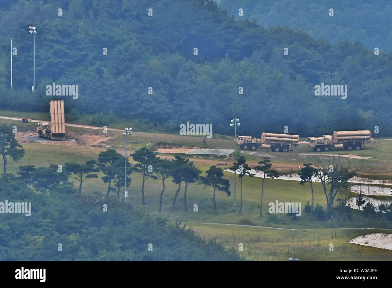 The U.S. anti-ballistic missile defense system THAAD (Terminal High Altitude Area Defense) is seen deployed at the Lotte Skyhill Country Club in Seongju, South Korea, on September 10, 2017.   New missiles were added after the latest North Korean ICBM tests, but have drawn protests as it is seen as a military escalation.     Photo by Keizo Mori/UPI Stock Photo