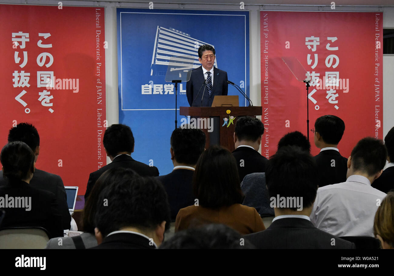 Japan's Prime Minister and ruling Liberal Democratic Party (LDP) president Shinzo Abe speaks during the press conference at his LDP headquarters in Tokyo, Japan on October 23, 2017.     Photo by Keizo Mori/UPI Stock Photo
