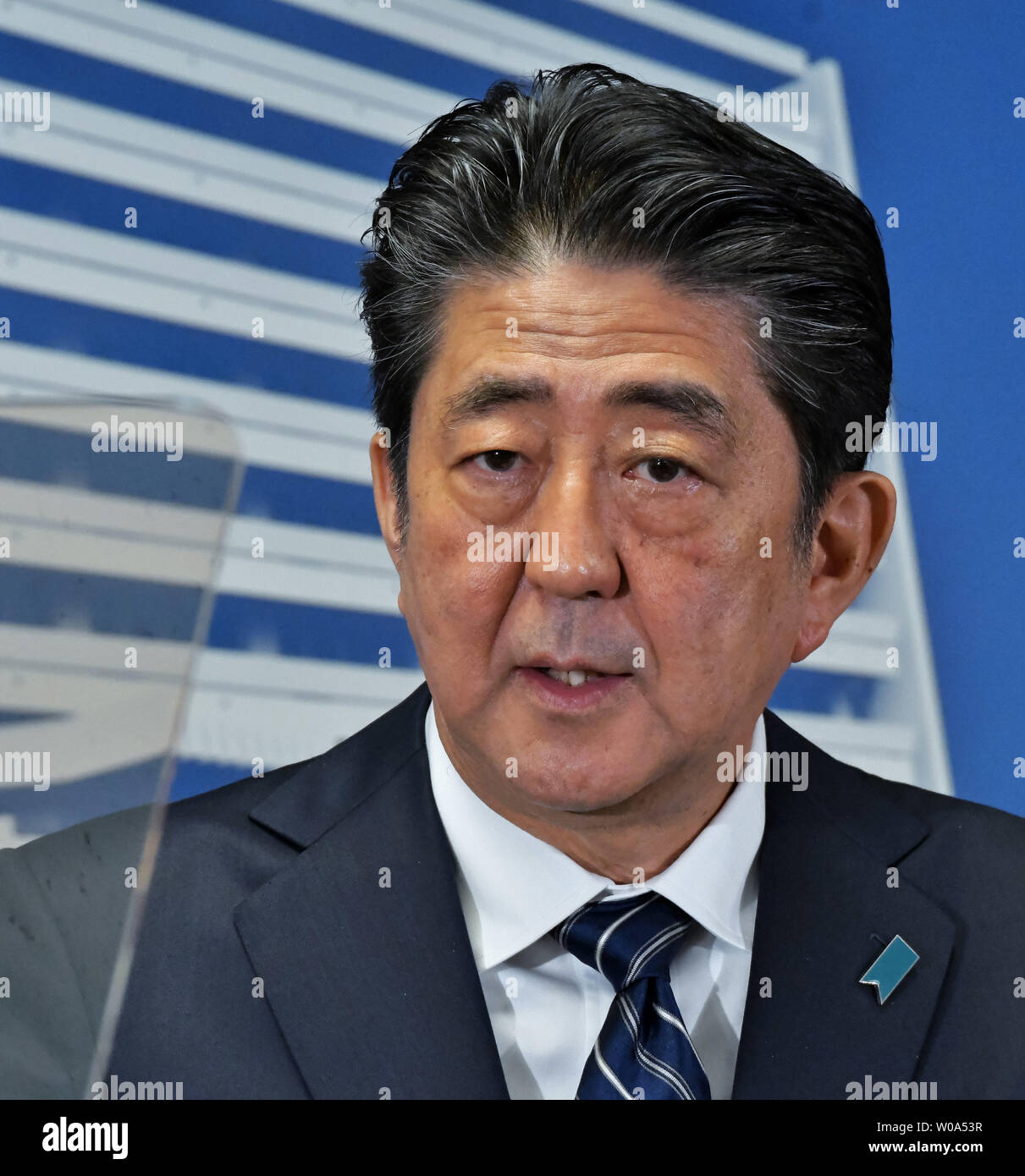 Japan's Prime Minister and ruling Liberal Democratic Party (LDP) president Shinzo Abe speaks during the press conference at his LDP headquarters in Tokyo, Japan on October 23, 2017.     Photo by Keizo Mori/UPI Stock Photo