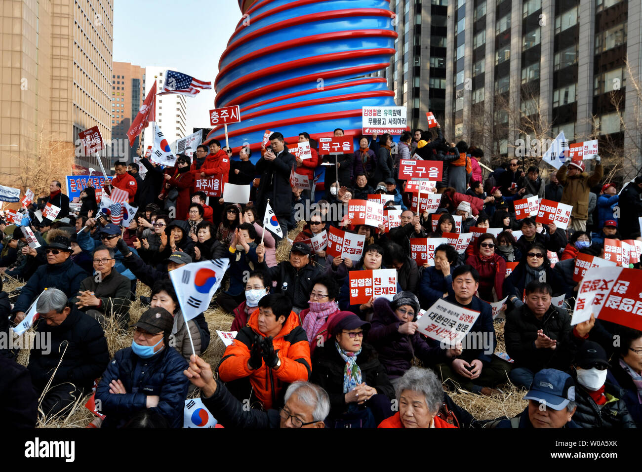 Participants shout slogans during a rally against a visit of Kim Yong Chol, vice chairman of Central Committee of Workers' Party of North Korea in Seoul, South Korea on February 26, 2018.     Photo by Keizo Mori/UPI Stock Photo