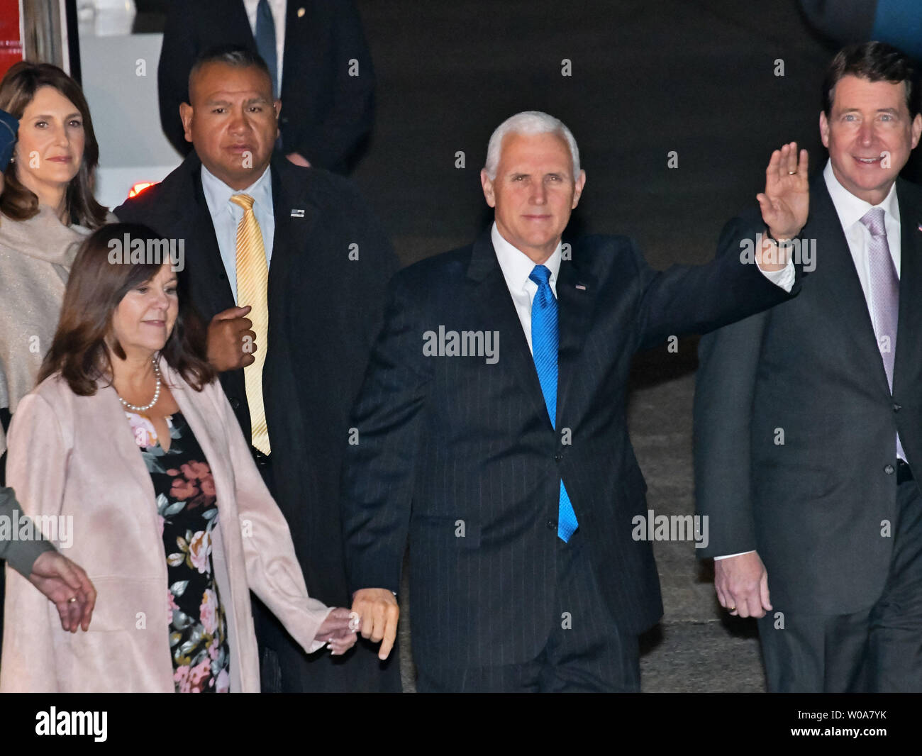 U.S. Vice President Mike Pence and his wife Karen arrive at Yokota Air ...