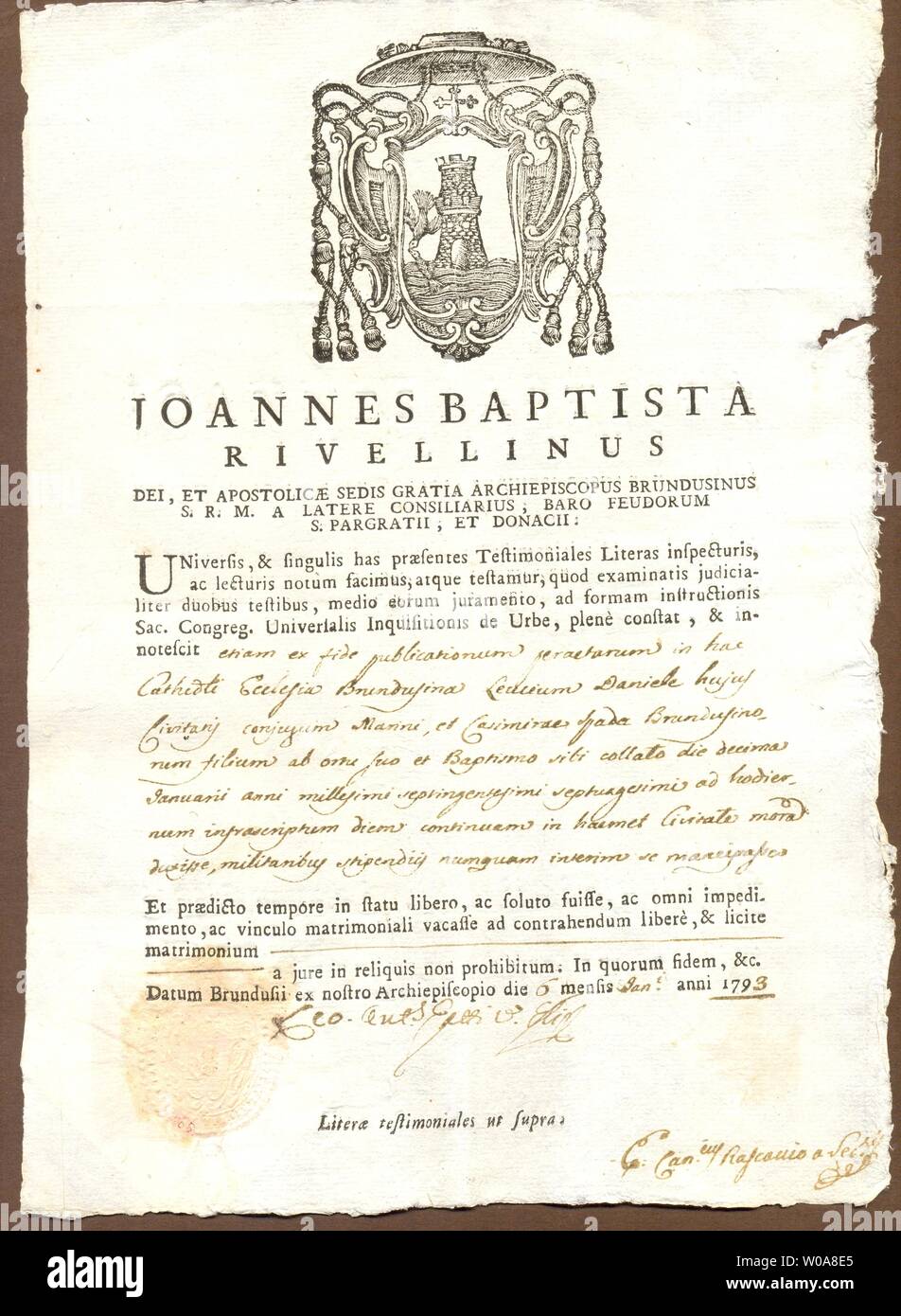 Italian marriage licence  in Latin with manuscript additions signed 6 January 1793 Stock Photo