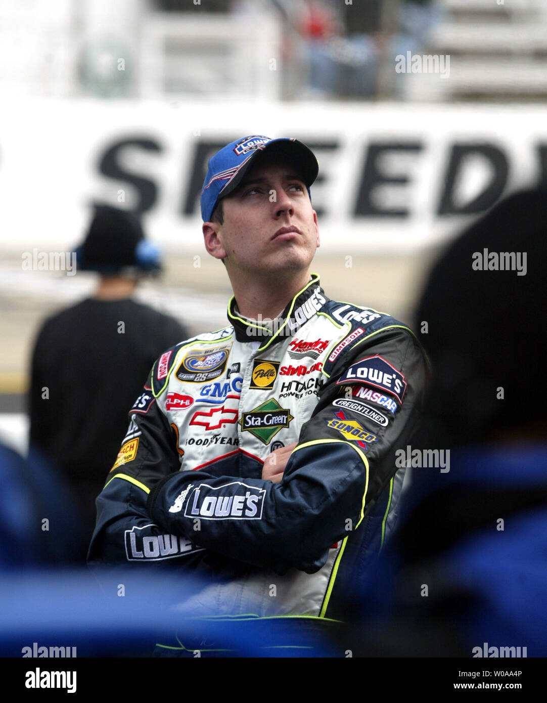 NASCAR driver Kyle Busch watches the leader board during practice at the Bristol Motor Speedway in Bristol, TN on March 25, 2006. (UPI Photo/Nell Redmond) Stock Photo