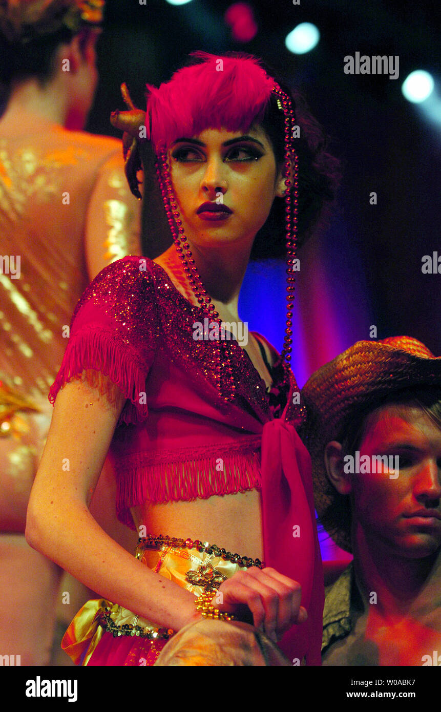 A model poses on the runway at Fashion Cares 2005 MAC Viva Glam Bollywood Cowboy at the Metro Toronto Convention Center in downtown Toronto, Canada on June 4, 2005. The annual fundraising gala event showcases Canadian talent and fashion to benefit the Aids Committee of Toronto. (UPI Photo/Christine Chew) Stock Photo