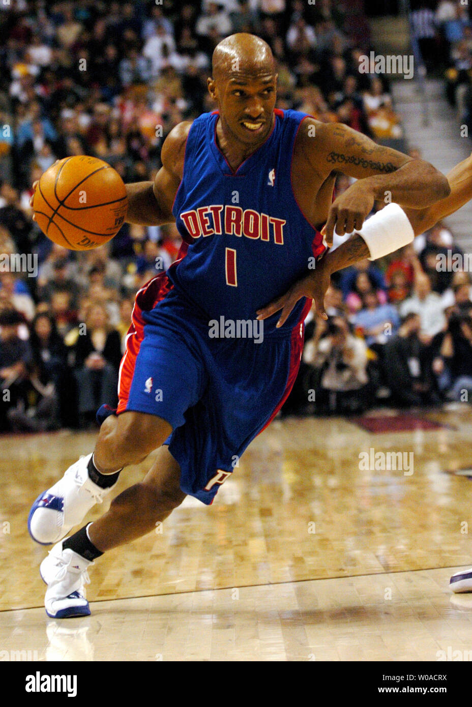 Detroit Pistons Chauncey Billups Drives The Ball Into The Paint In First Quarter Action Against The Toronto Raptors At The Air Canada Center On March 15 2006 In Toronto Canada Billups Led