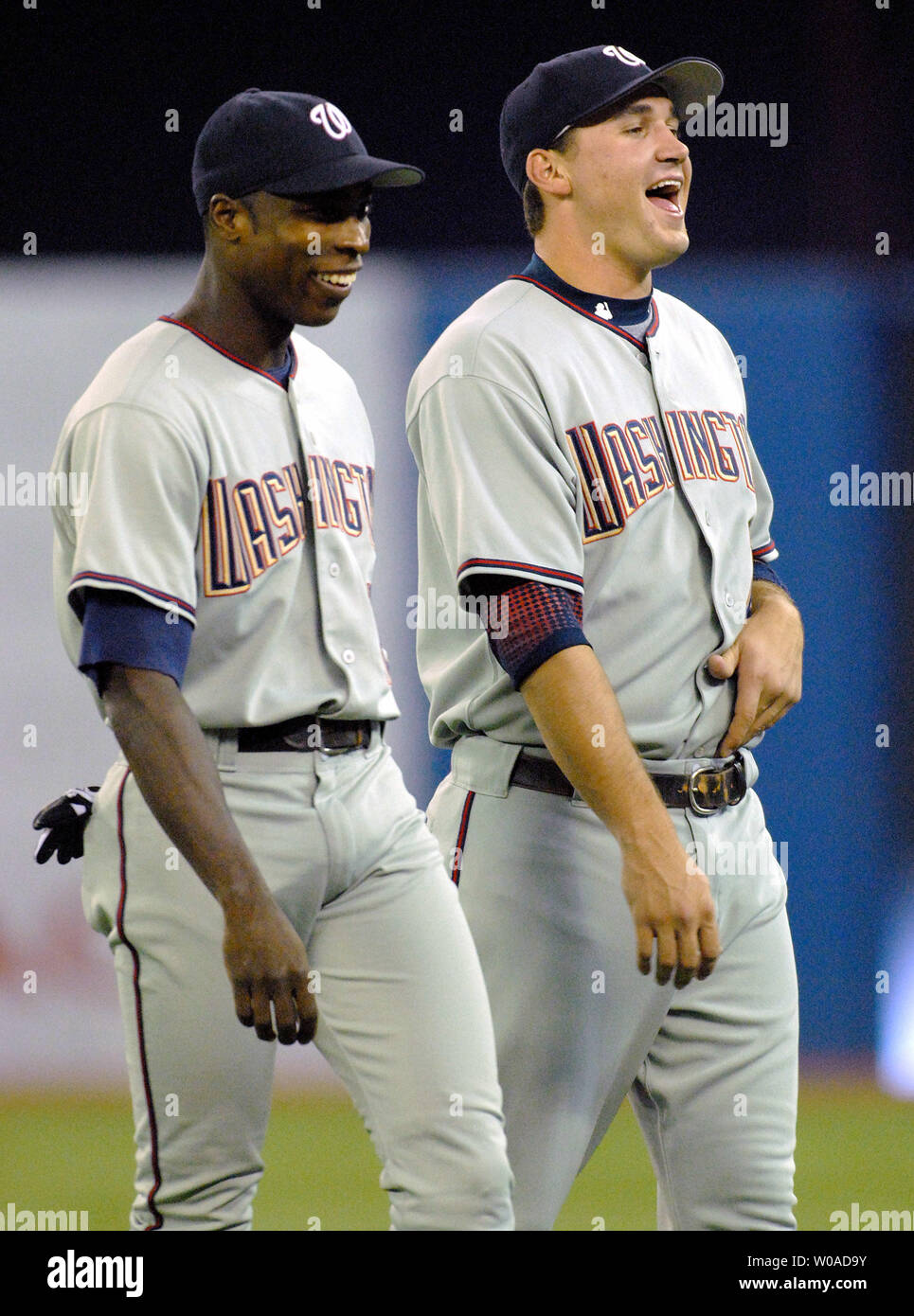 Washington Nationals' Alfonso Soriano and Ryan Zimmerman share a joke as  they warm up before the game against the Toronto Blue Jays at the Rogers  Center in Toronto, Canada on June 29