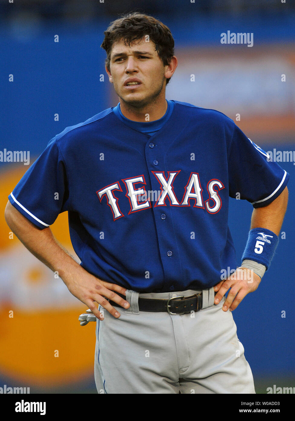 Texas Rangers' Ian Kinsler looks on in frustration after being