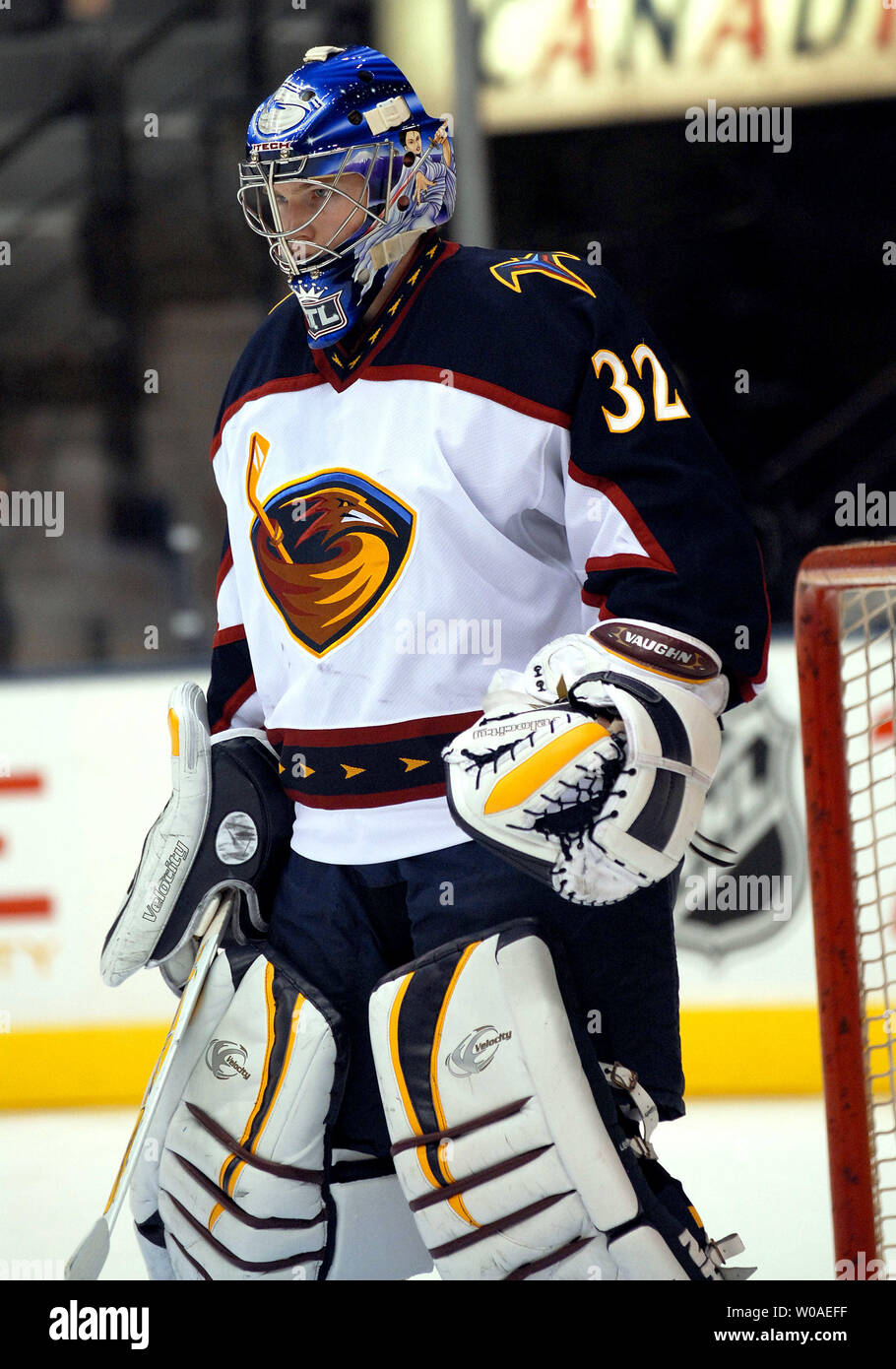 Atlanta Thrashers goalie Kari Lehtonen of Finland takes his position in  front of the net during the pre-game warmups as the Toronto Maple Leafs  host the Thrashers at the Air Canada Center