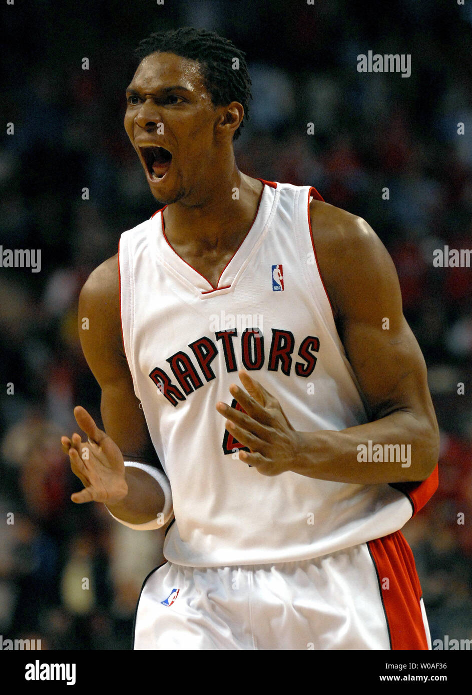 Toronto Raptors' Chris Bosh reacts as the Raptors take a big early lead  over the New Jersey Nets during first quarter action of their series in the  first round of the NBA
