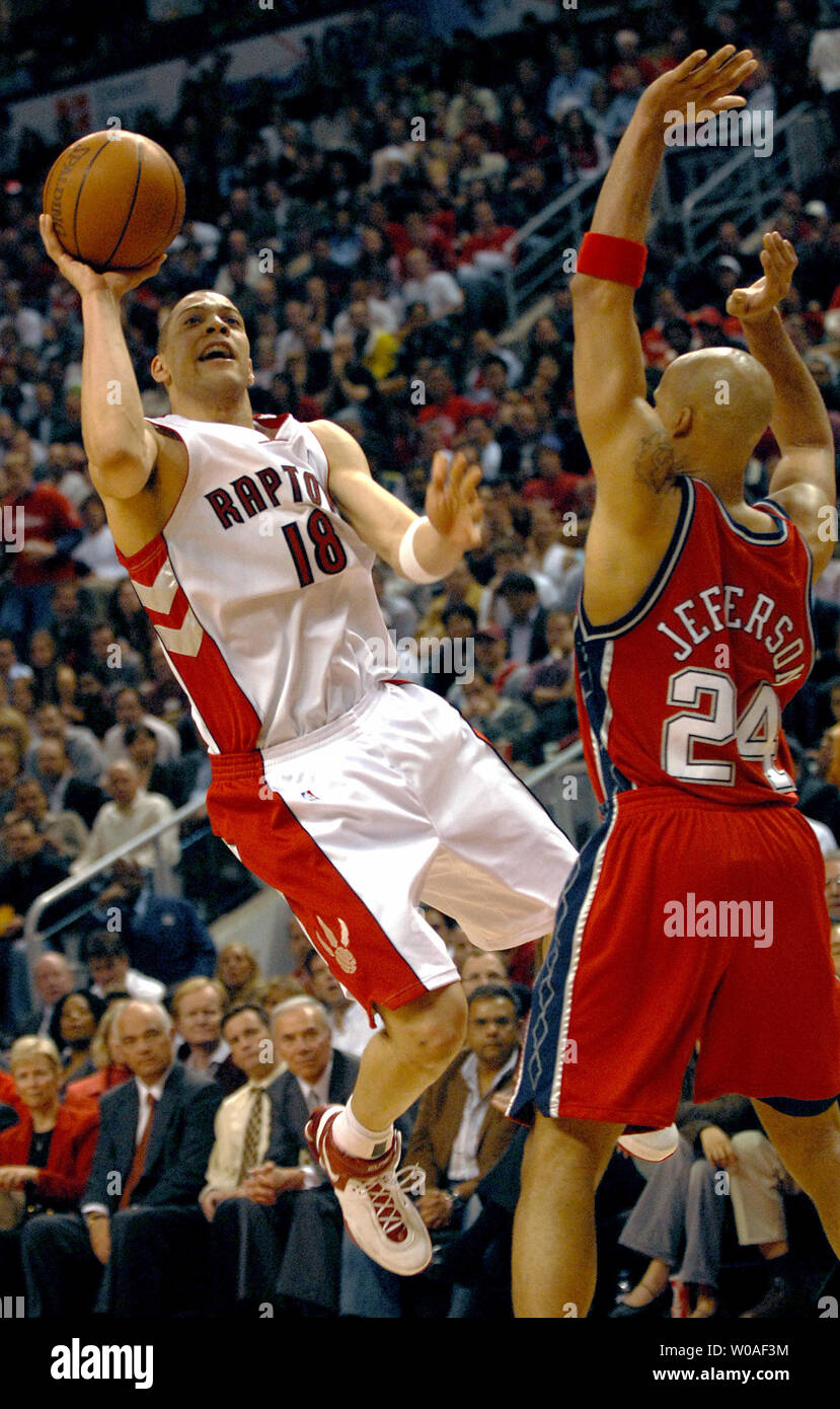 Toronto Raptors' Anthony Parker (L) makes a fadeaway jumper as New Jersey  Nets' Richard Jefferson defends during fourth quarter action at the Air  Canada Center in Toronto, Canada on May 1, 2007.