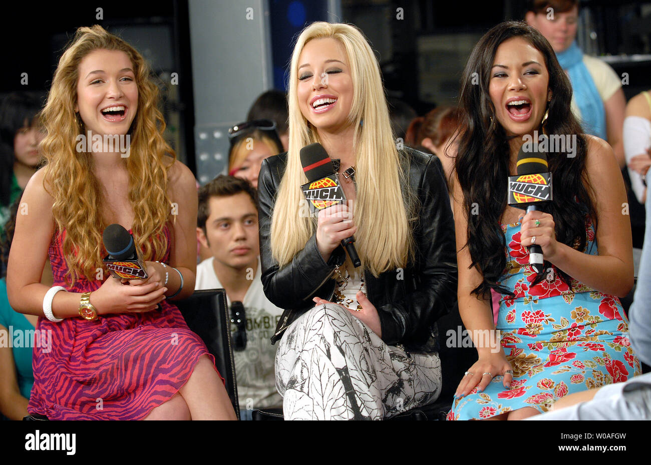 The stars of the upcoming movie 'Bratz' (L-R) Nathalia Ramos, Skyler Shaye and Janel Parrish attend a fan and celebrity showcase at the famed street-level studios of MuchMusic in Toronto, Canada on July 26, 2007. The young stars portray the popular Bratz fashion dolls in the live action feature film scheduled to hit theaters August 3. (UPI Photo/Christine Chew) Stock Photo